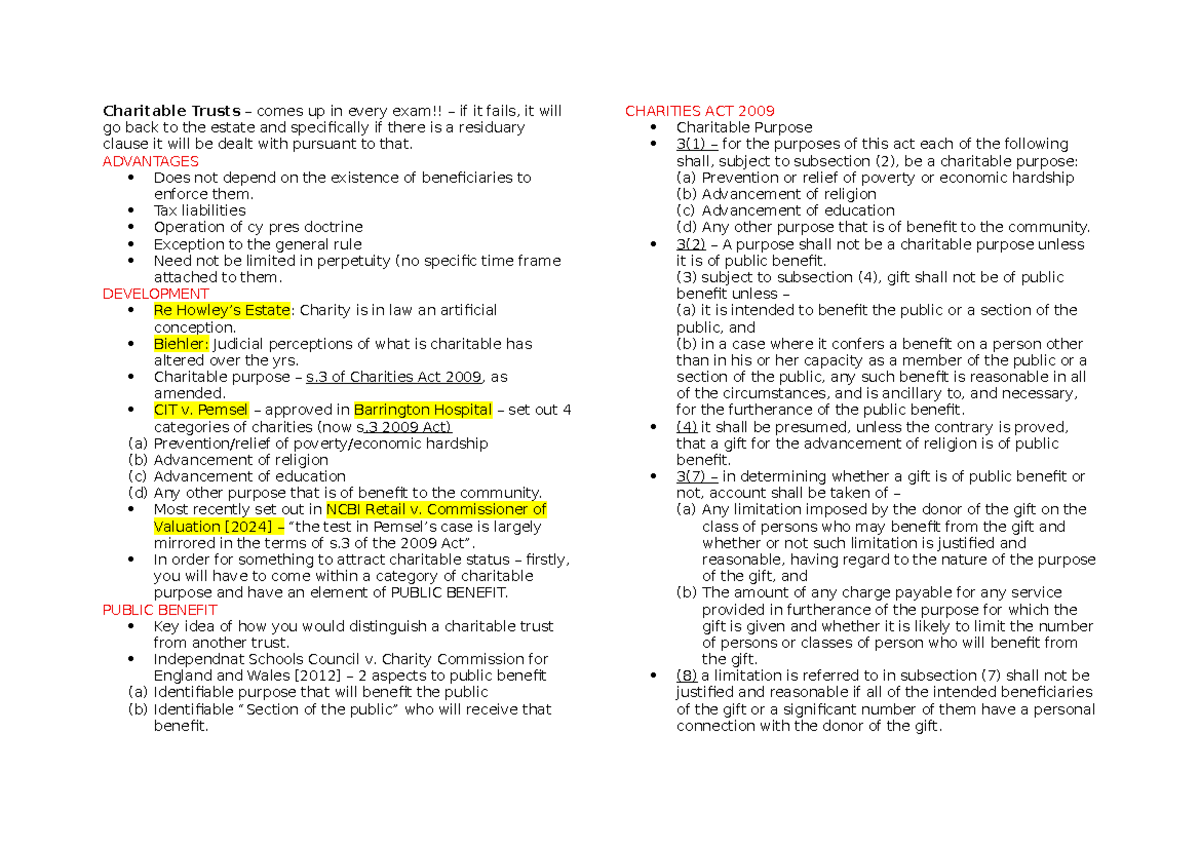 Charitable Trusts: Key Concepts and Legal Framework (LAW 101) - Studocu