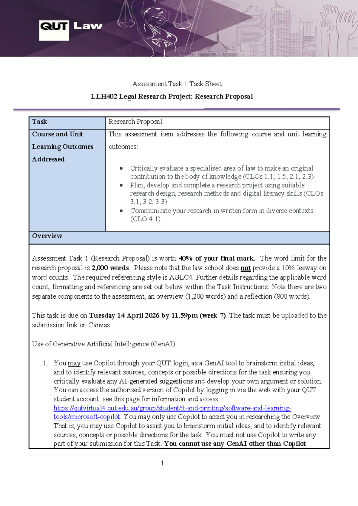 LLH402 Assessment Task 1: Legal Research Proposal Guidelines - Studocu