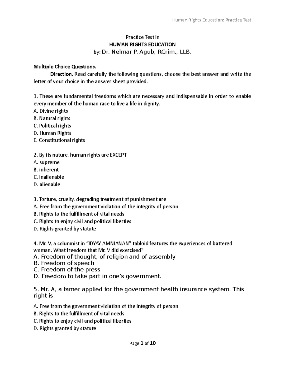 Formative Test: Practice Questions in Human Rights Education (HRE 101 ...