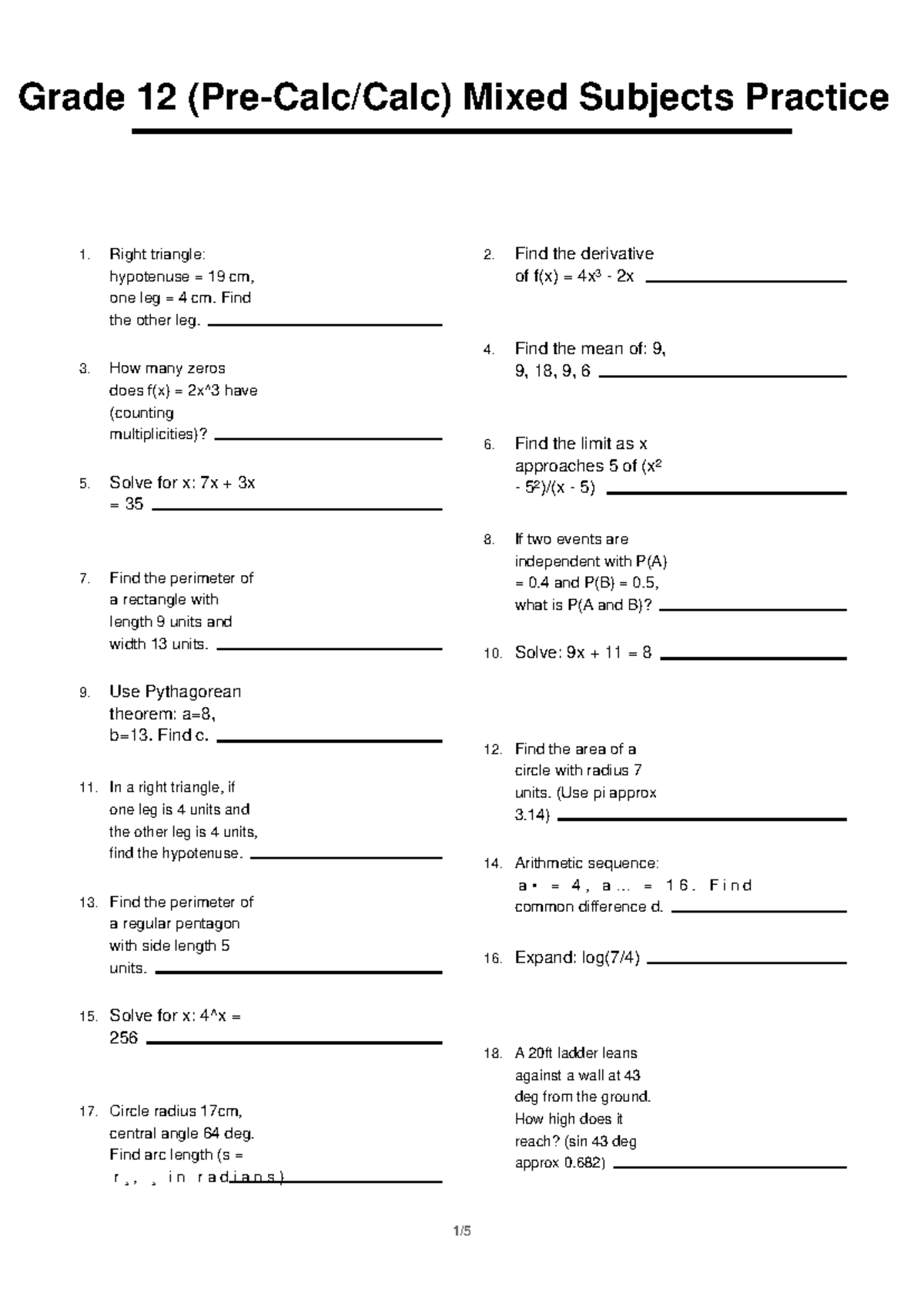 Grade 12 Math Mixed Subjects Practice 3 - Studocu