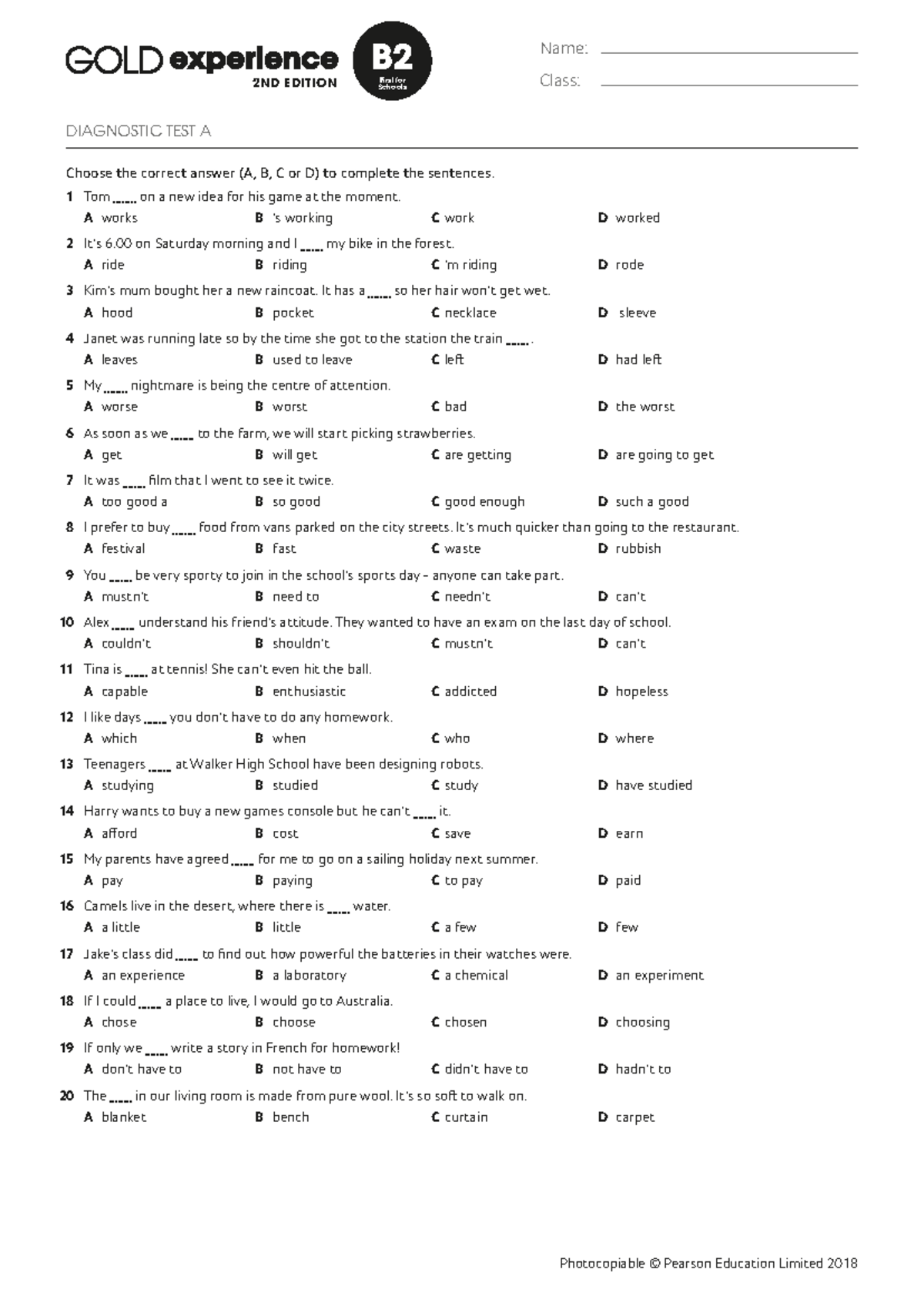 B2 2ND EDITION First for Schools DIAGNOSTIC TEST A Practice Exercises ...