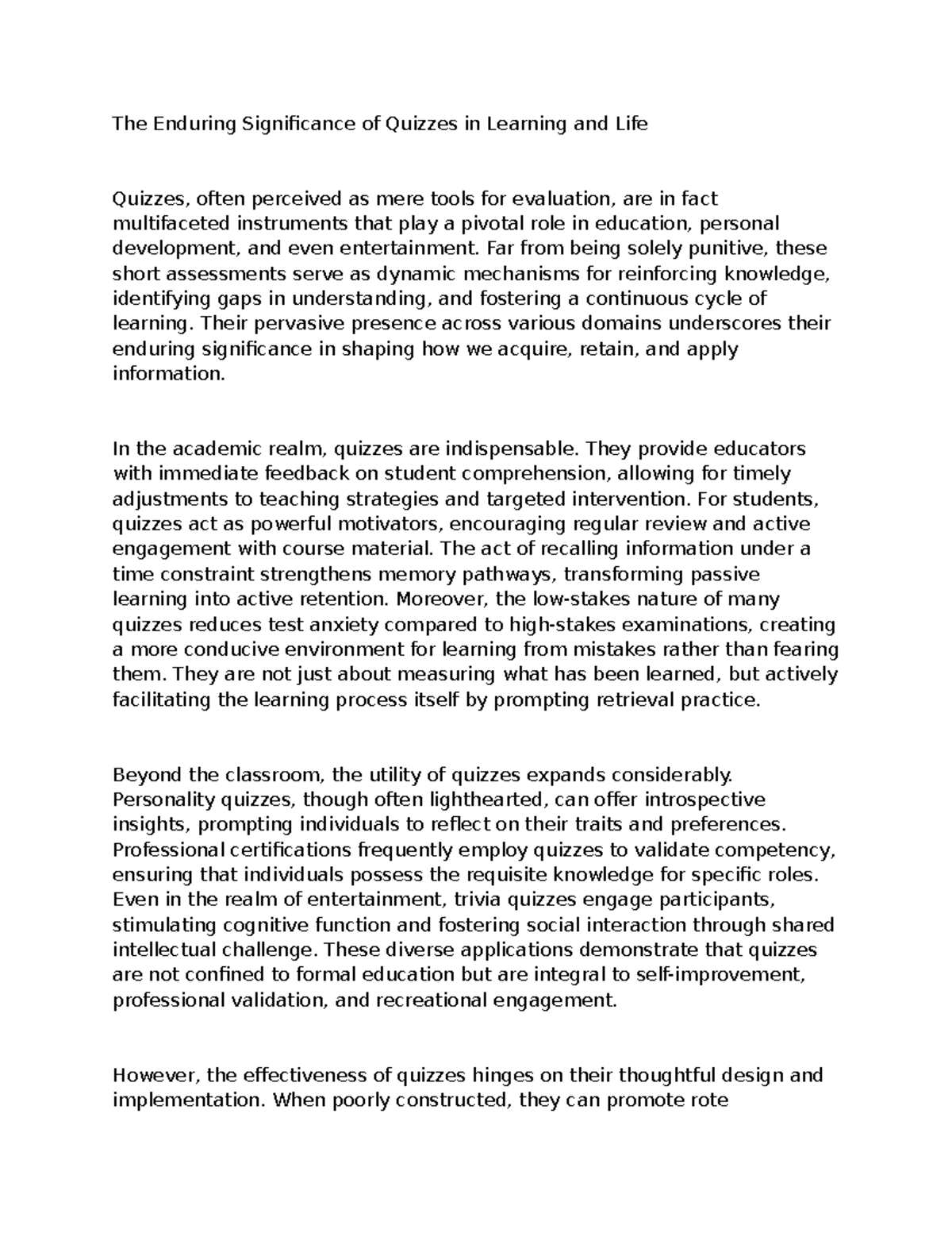 Quizzes - A Short Descriptive Essay on Their Significance - Studocu