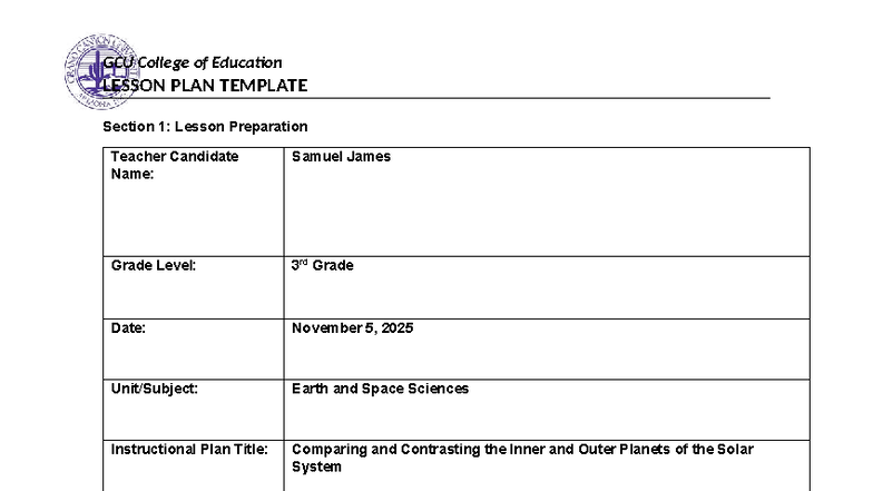 GCU College of Education LESSON PLAN: Comparing Inner & Outer Planets ...