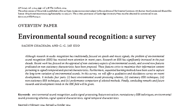 Environmental Sound Recognition: A Comprehensive Survey (SIP 2014 ...