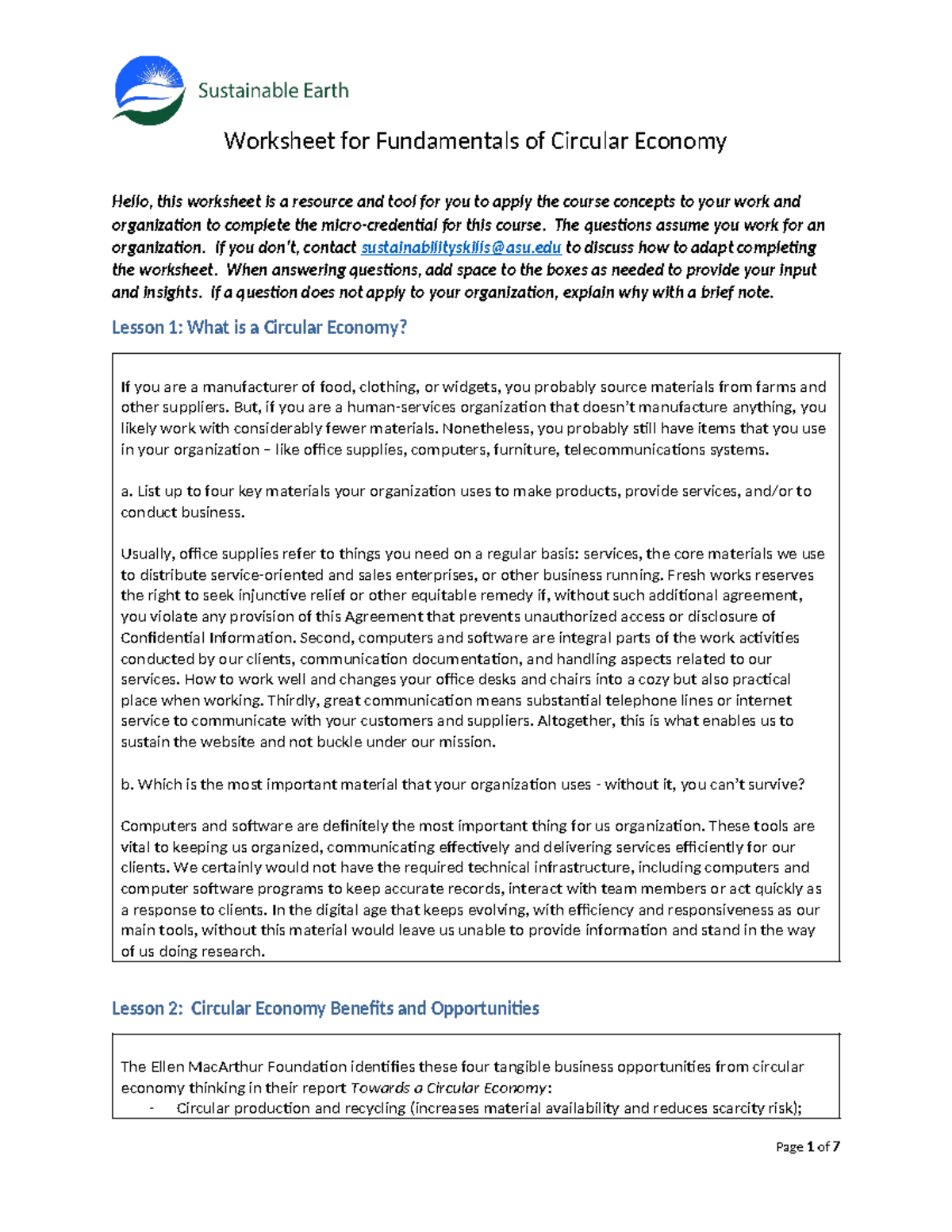 Circular Economy credential worksheet - Hello, this worksheet is a ...