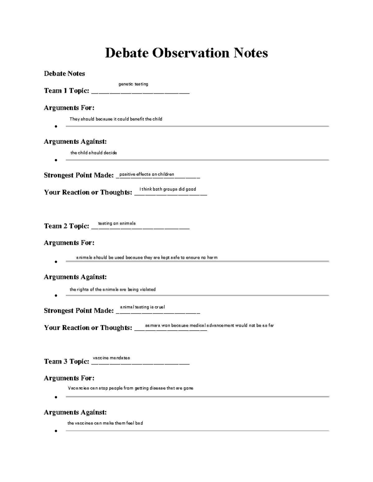 Debate Observation Notes - Genetic Testing & More (Team 1-6) - Studocu