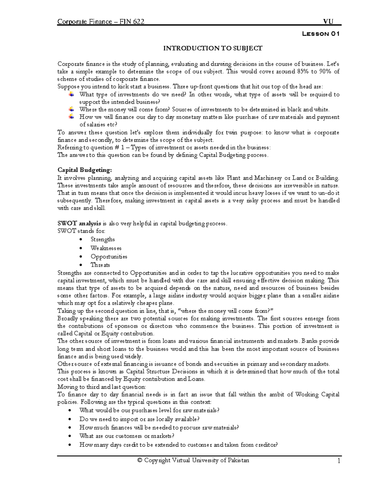 Corporate Finance FIN 622 VU Lesson 01: Introduction to Corporate ...
