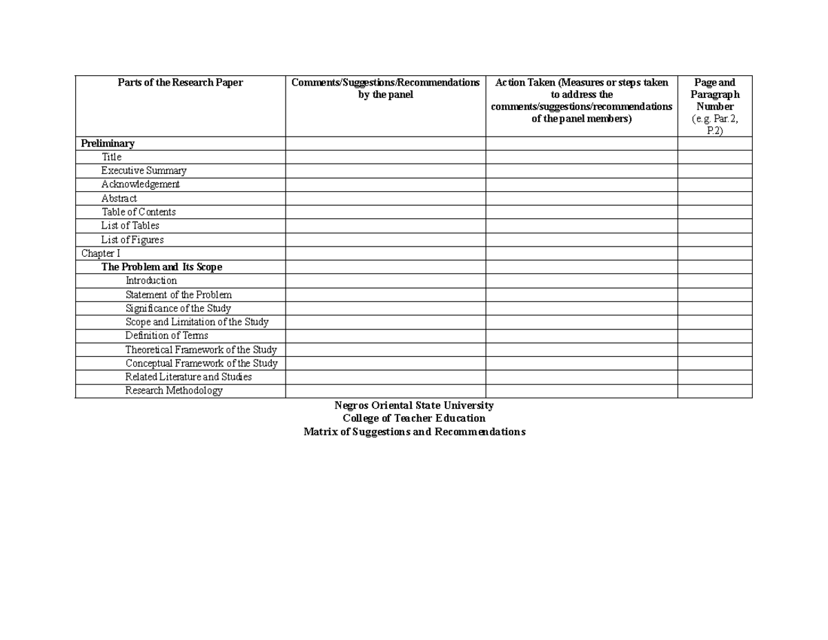 Matrix Research - Parts of the Research Paper Comments/Suggestions ...