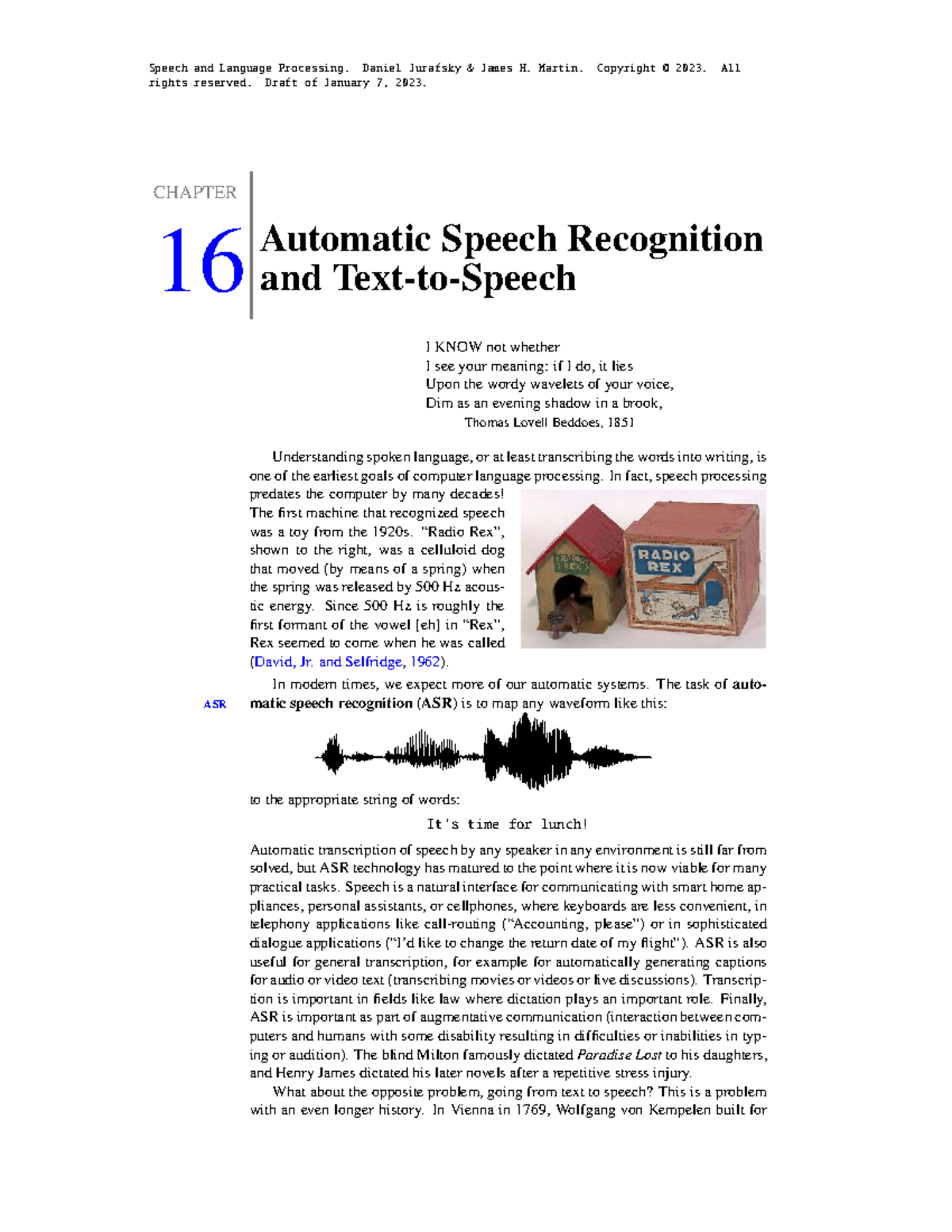 Speech and Language Processing (CS 123) - Chapter 16: Automatic Speech ...