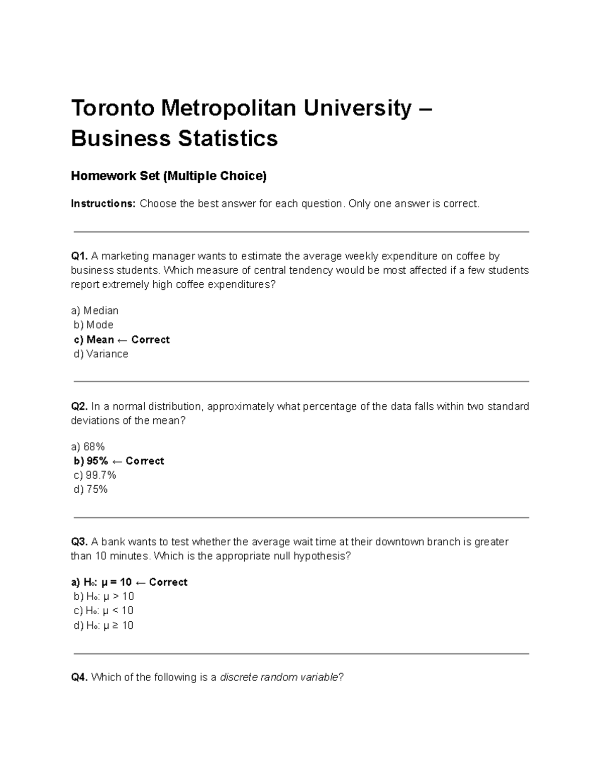 QMS Business Statistics Homework Set (Multiple Choice) - Studocu