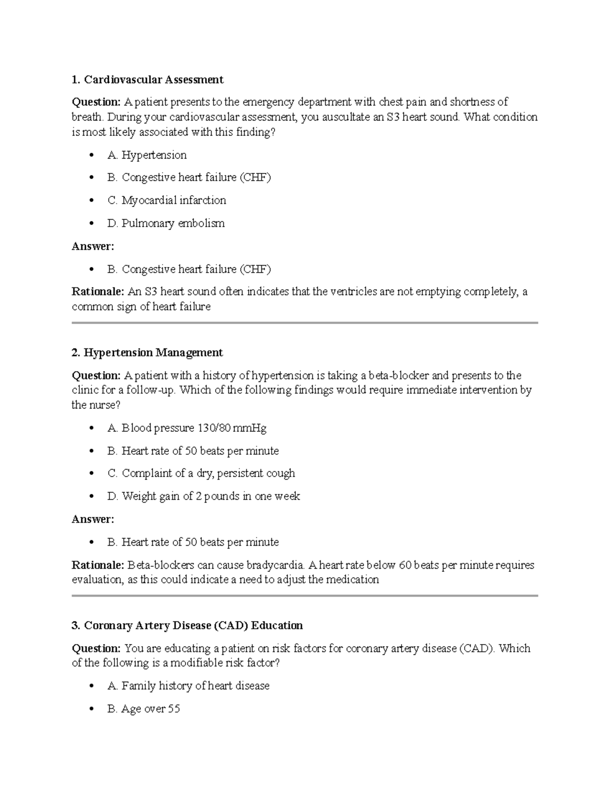Cardio Exam Prep Questions - 1. Cardiovascular Assessment Question: A ...