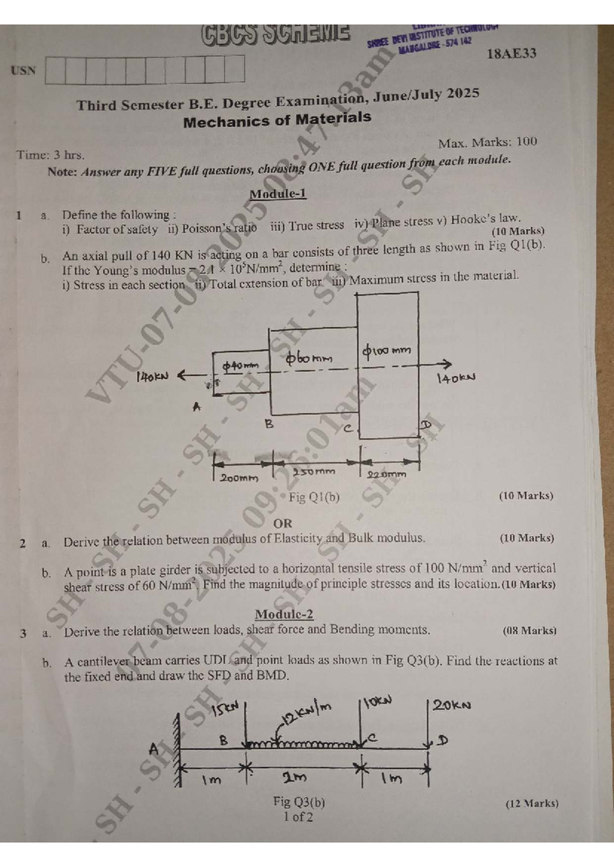 BAE304 Mechanics of Materials - Third Semester Exam Questions (2024 ...