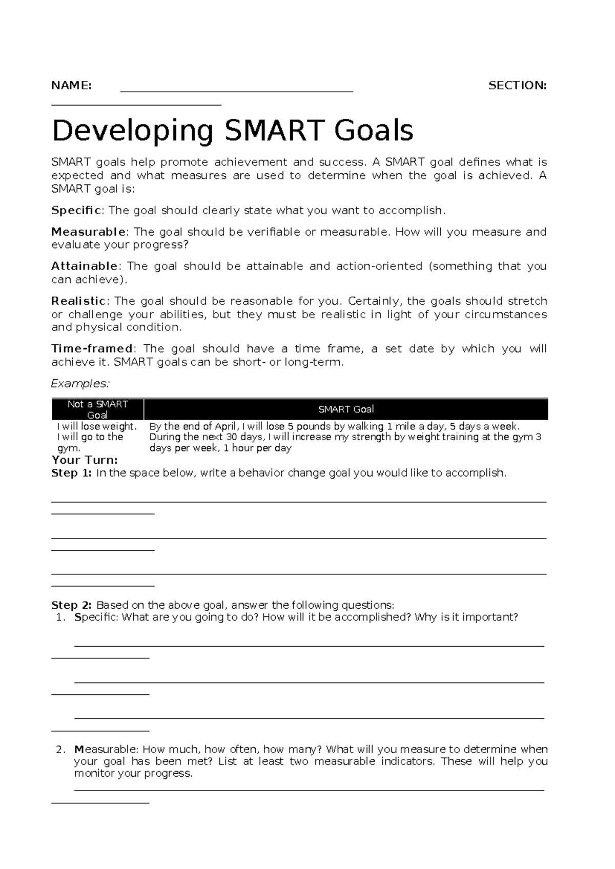 PE Smart Goals - NAME ...