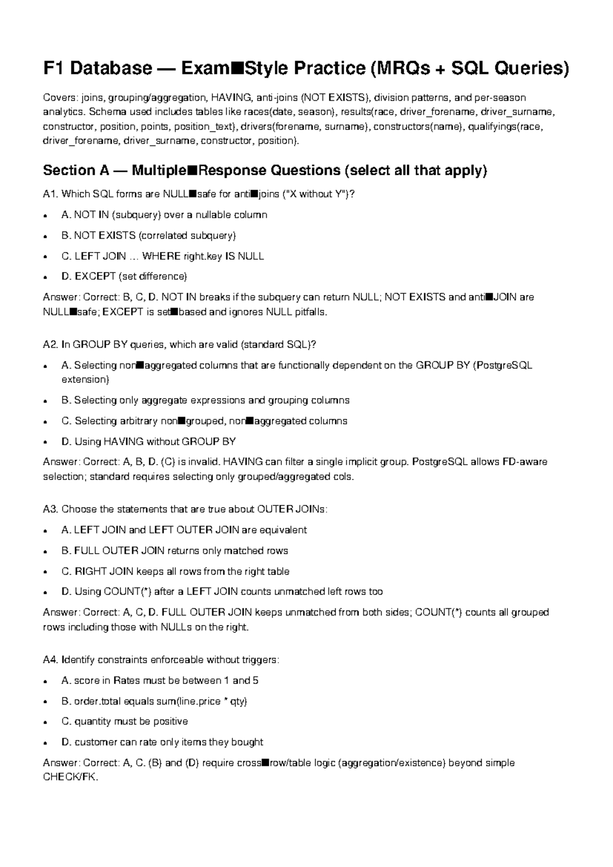 F1 SQL Exam Practice (MRQs on Joins, HAVING, and Analytics) - Studocu