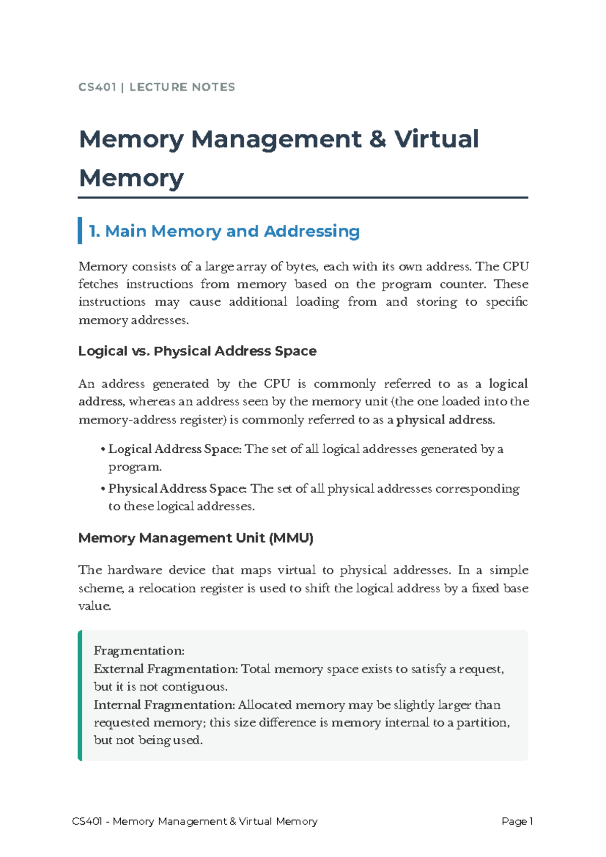 CS401 LECTURE NOTES: Memory Management & Virtual Memory Overview - Studocu