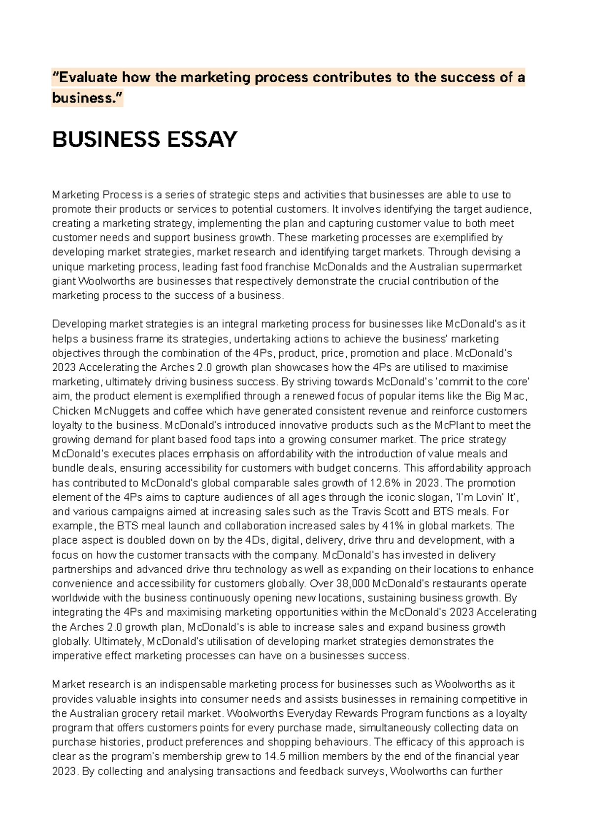 Marketing Process and Business Success: A Case Study (BUS 20/20) - Studocu