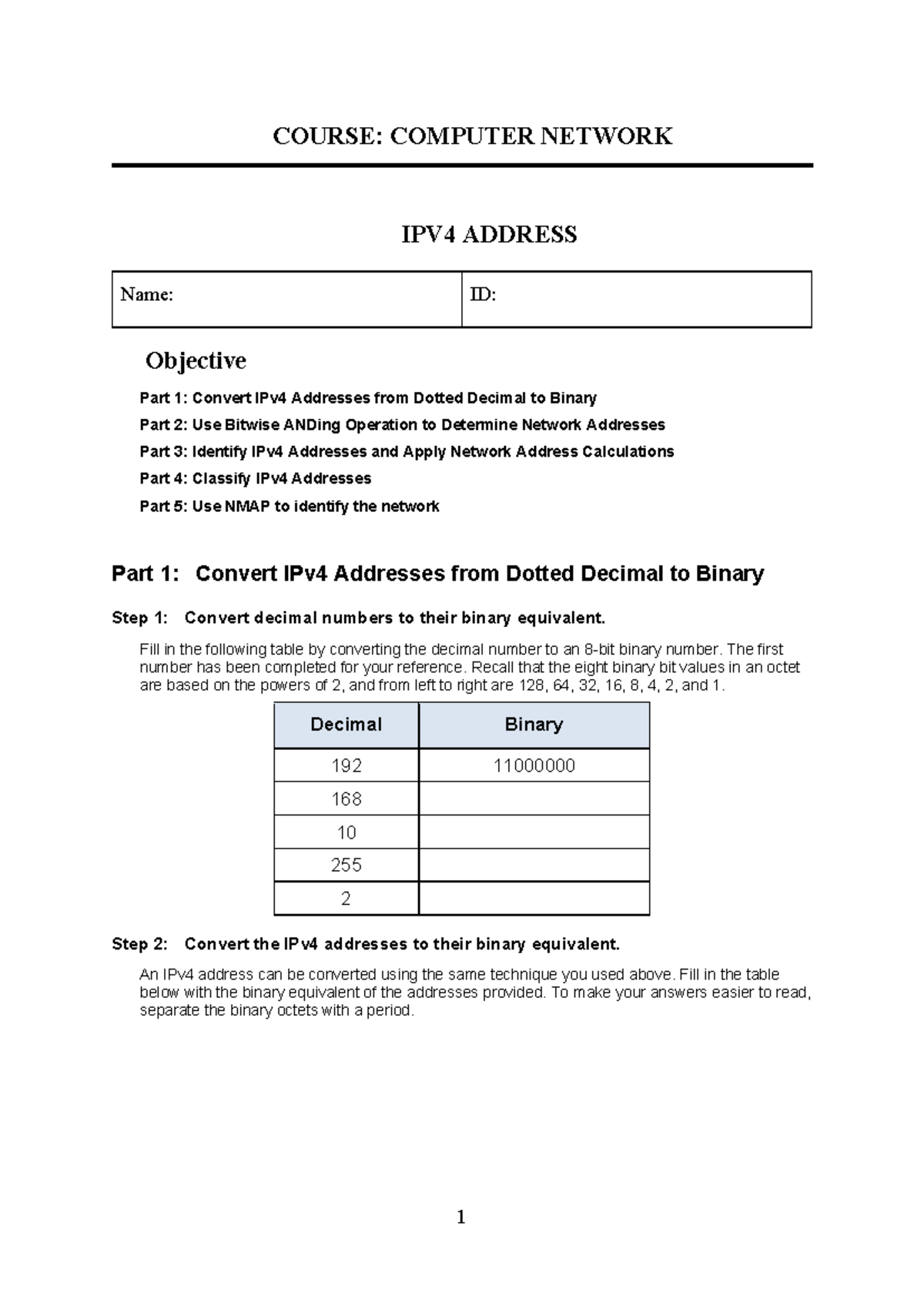 COMP 101: IPv4 Address Conversion and Network Analysis Lab - Studocu