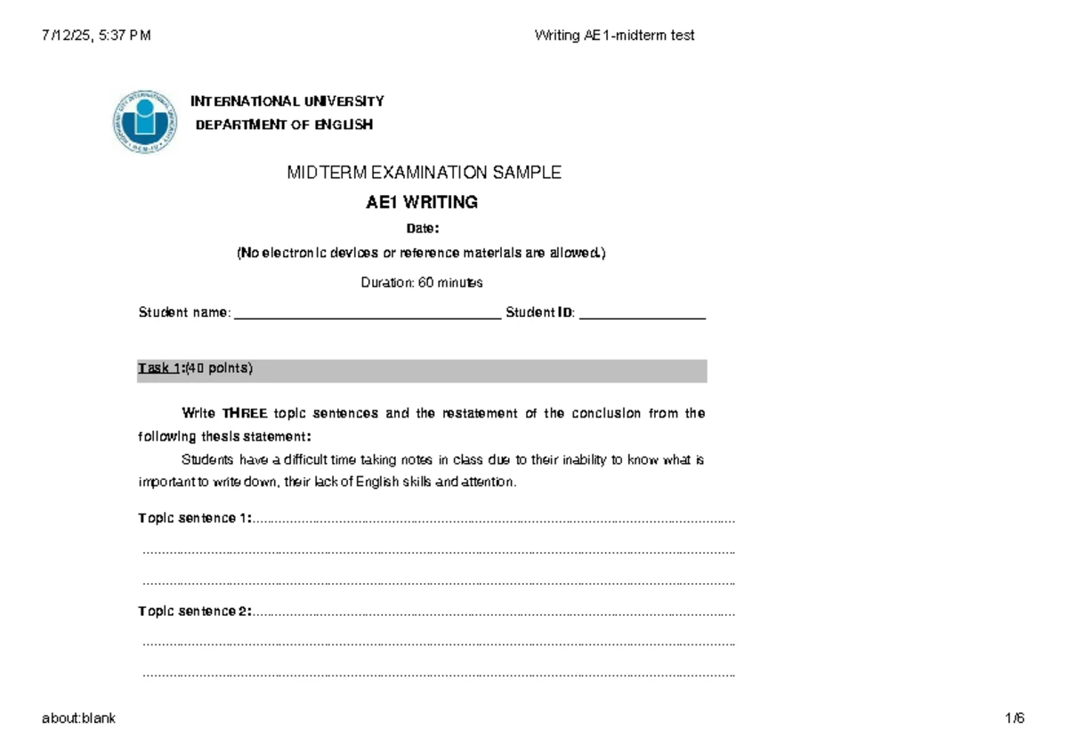 AE1 Writing Midterm Sample Test Paper (2021-2022) - Studocu