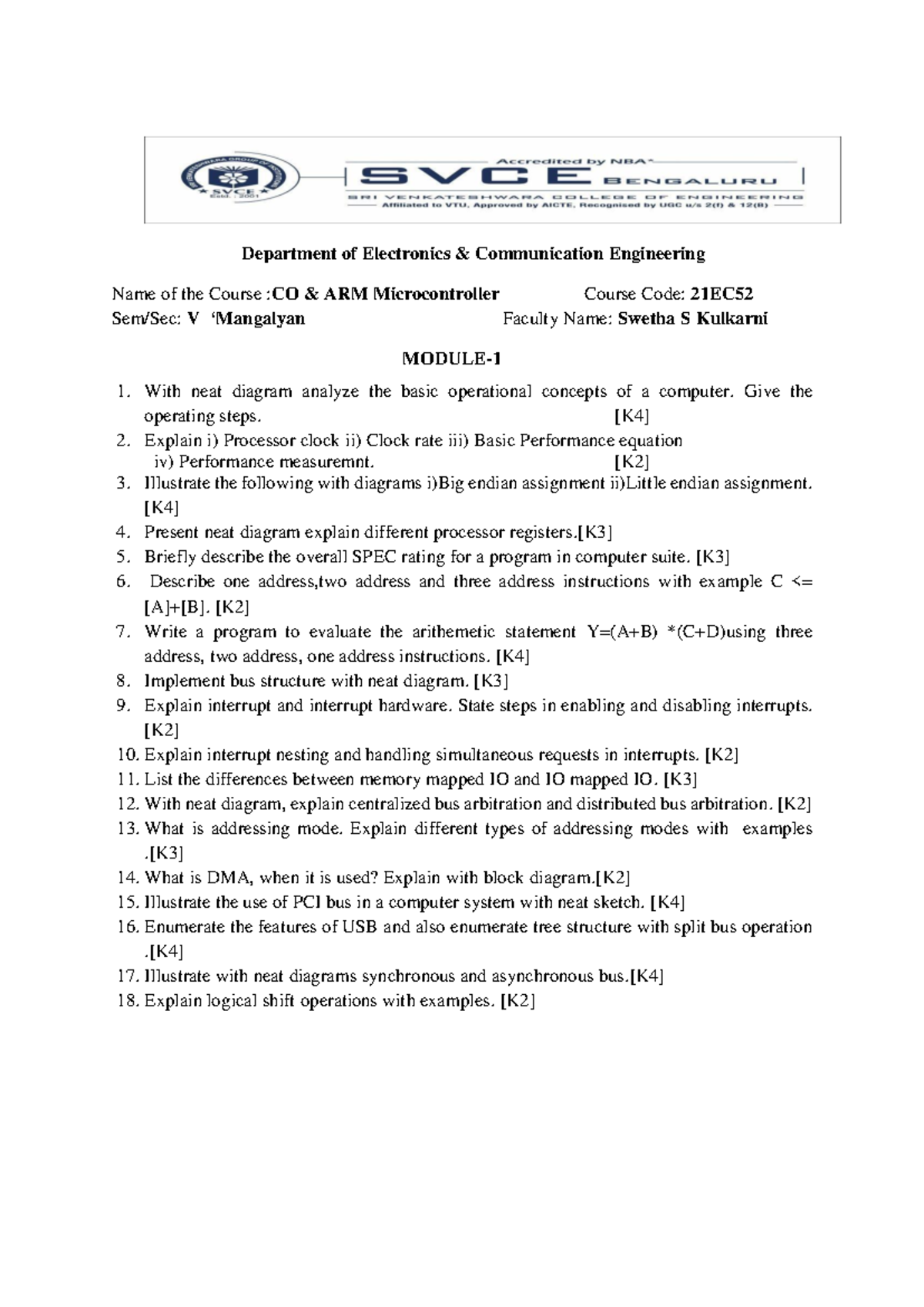 CO & ARM Microcontroller (21 EC 52) IA1 Questions & Answers - Studocu