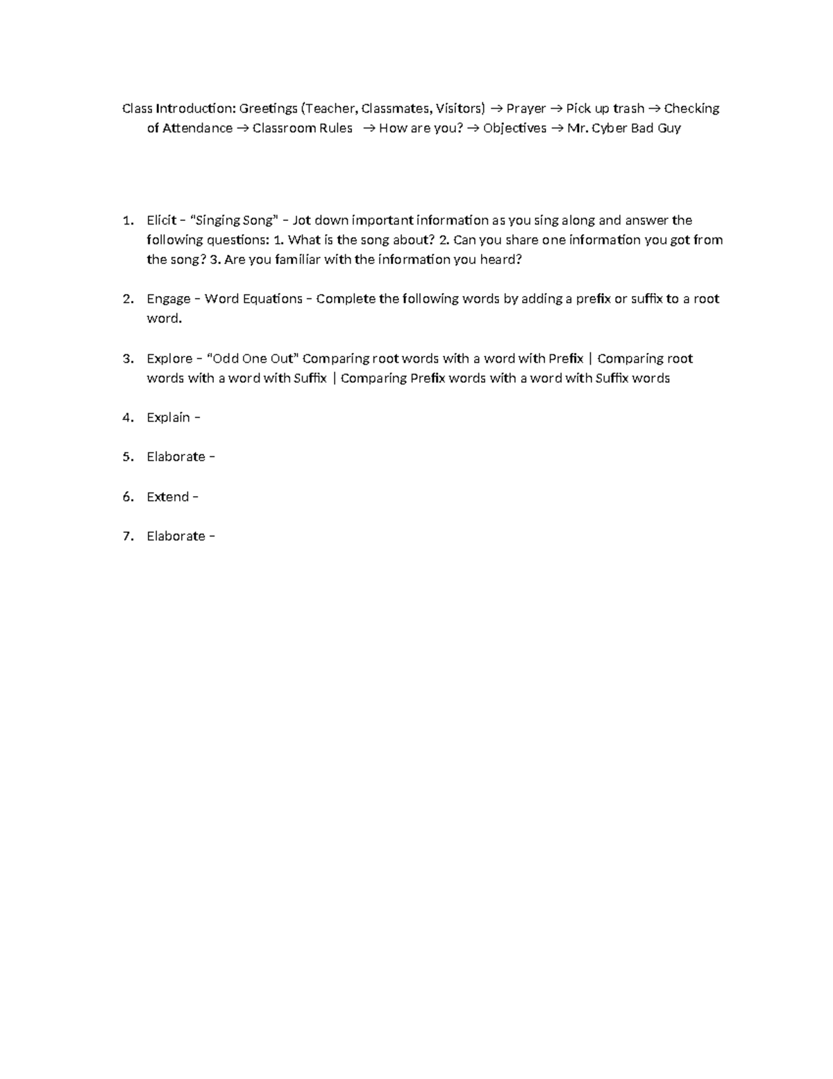 Class Introduction - DLP Draft - Class Introduction: Greetings (Teacher ...