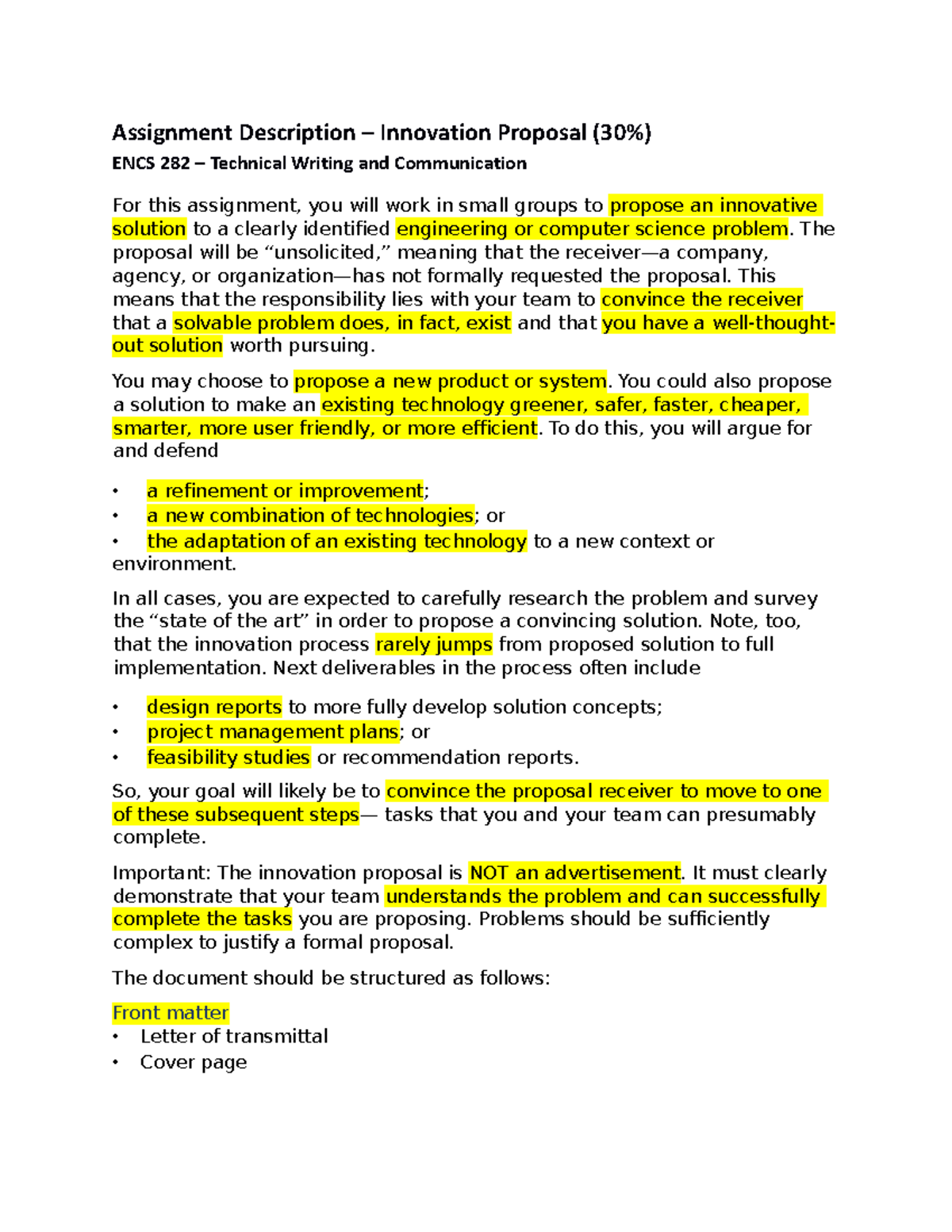 ENCS 282: Innovation Proposal Assignment Details and Requirements - Studocu