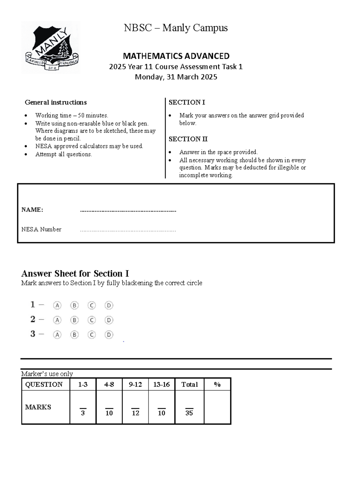 NBSC Manly Campus MATHEMATICS ADVANCED Year 11 Assessment Task 1 - Studocu