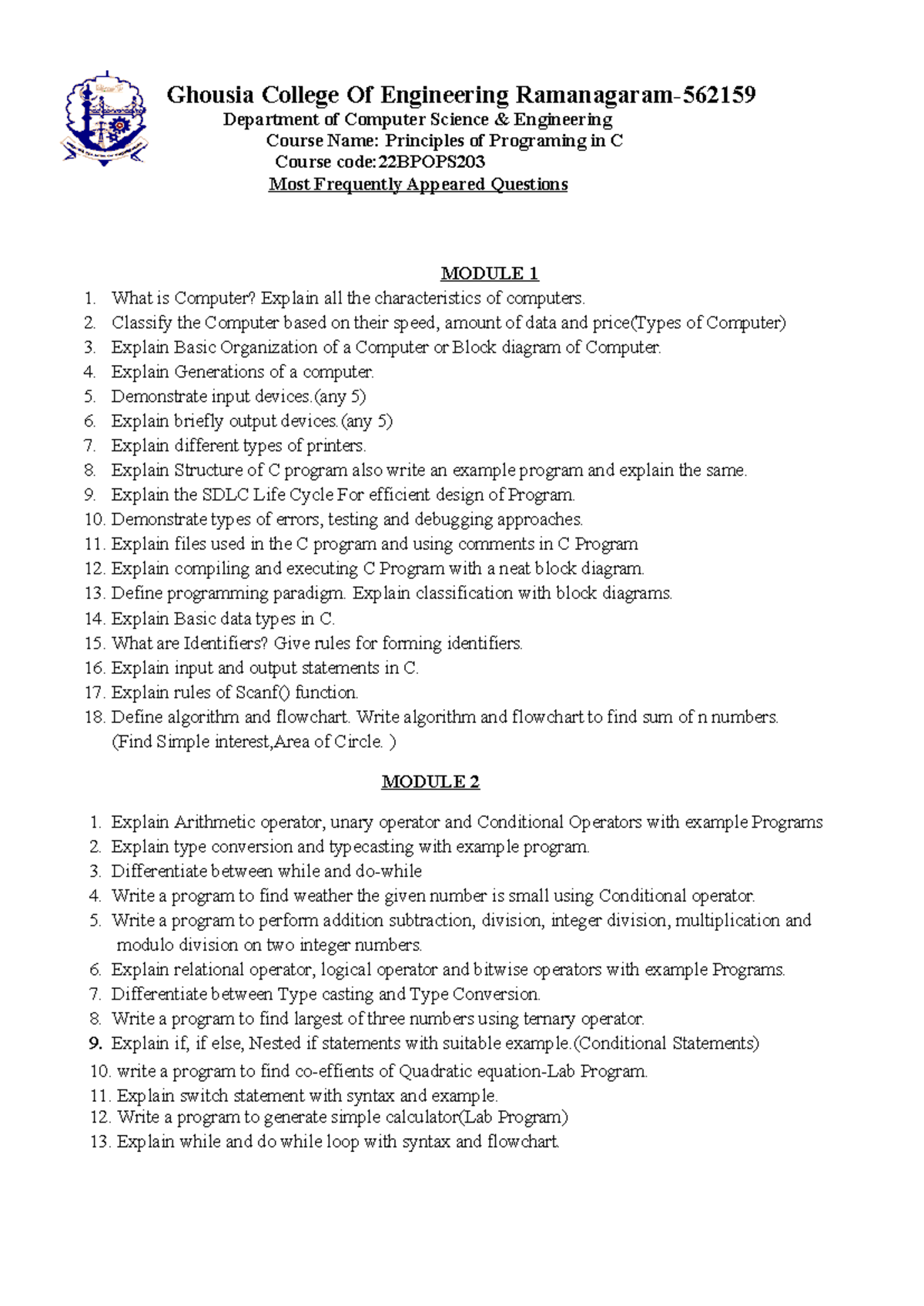 Most Frequently Appeared Questions for C Programming (22BPOPS203) - Studocu
