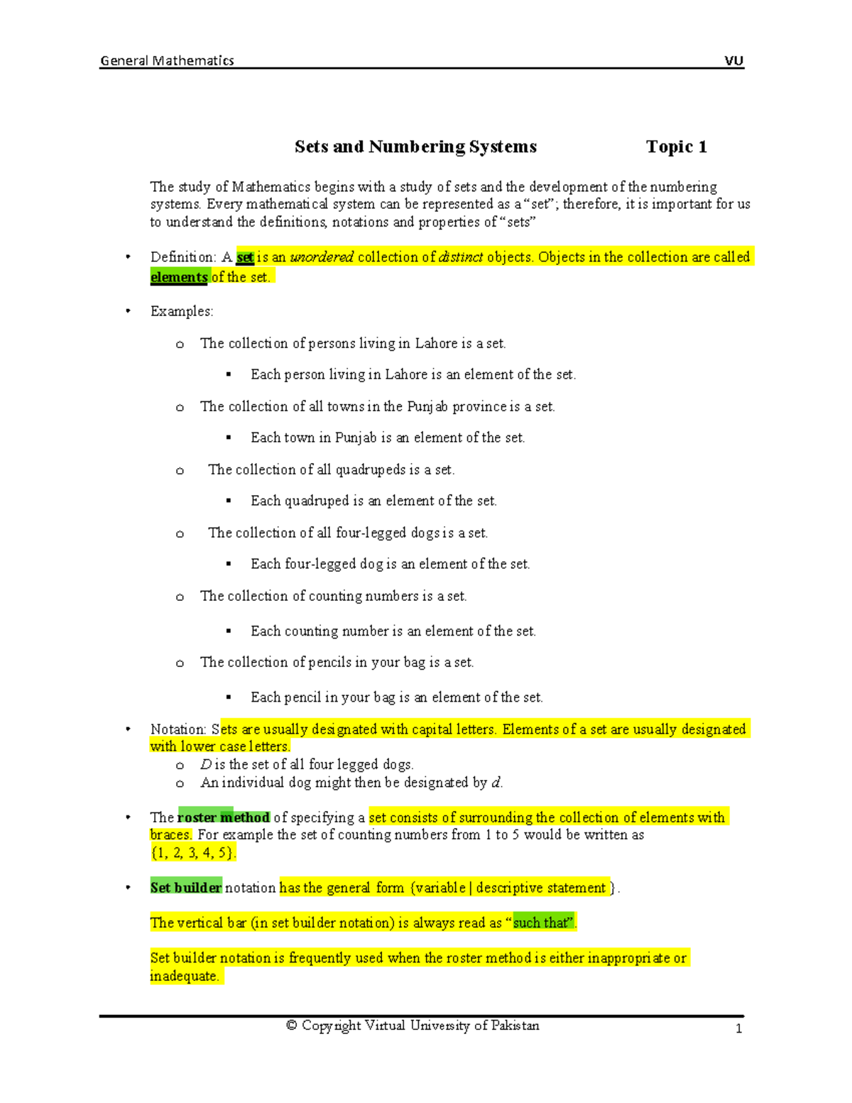MTH100 Topics - Notes for maths - Sets and Numbering Systems Topic 1 ...