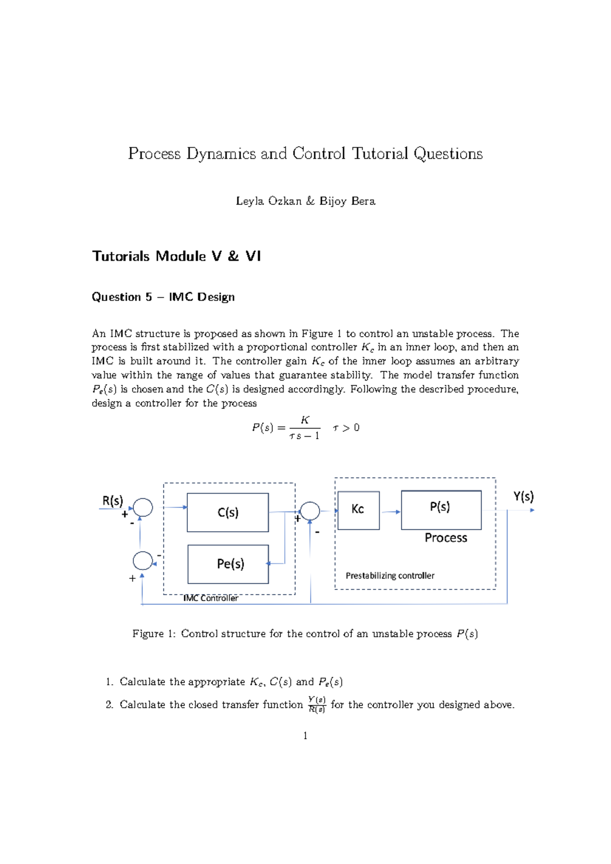 Control Tutorial 3: IMC Design and Process Dynamics Questions - Studeersnel