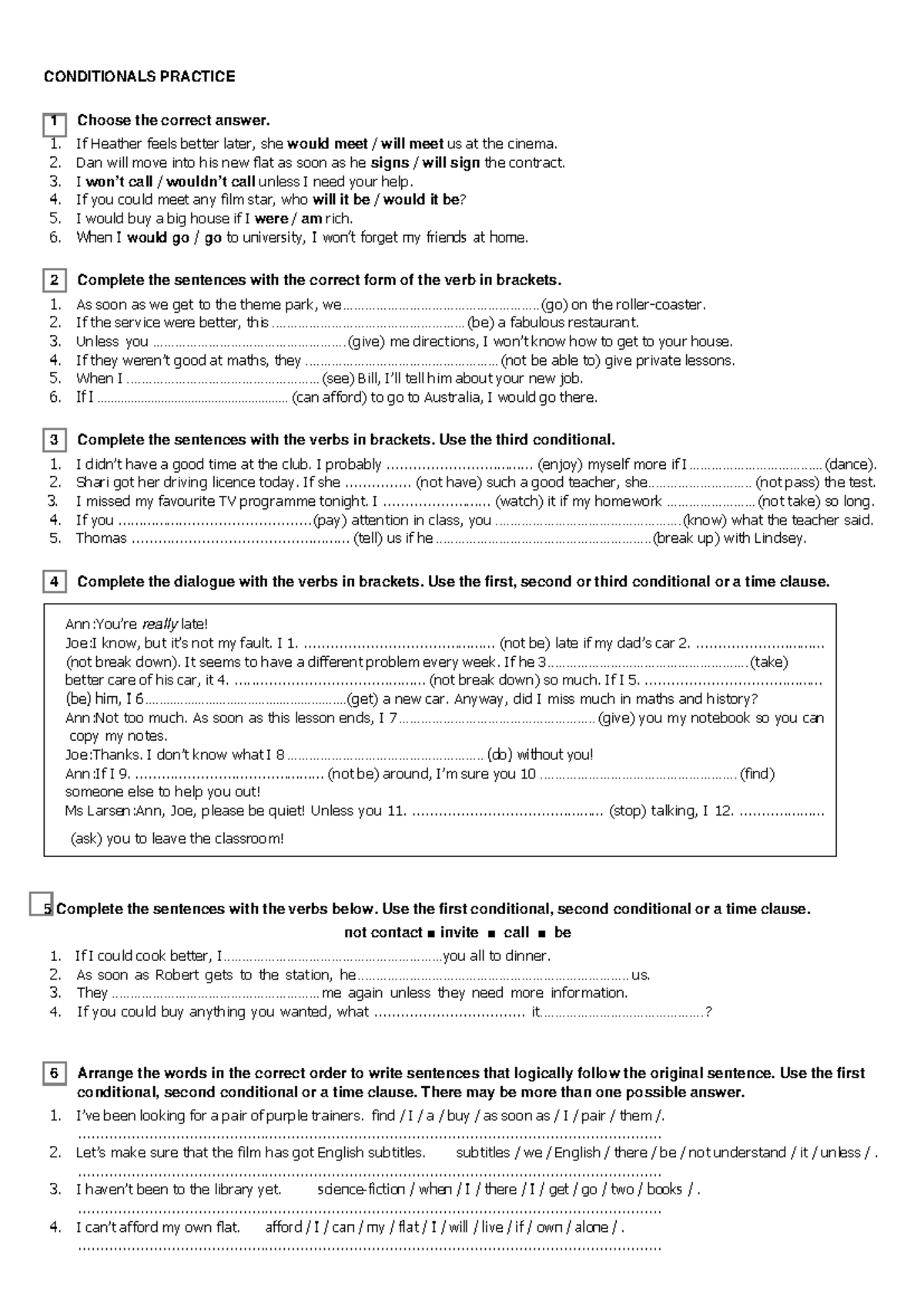 Conditionals Practice 1º BACH: Exercises and Answers - Studocu