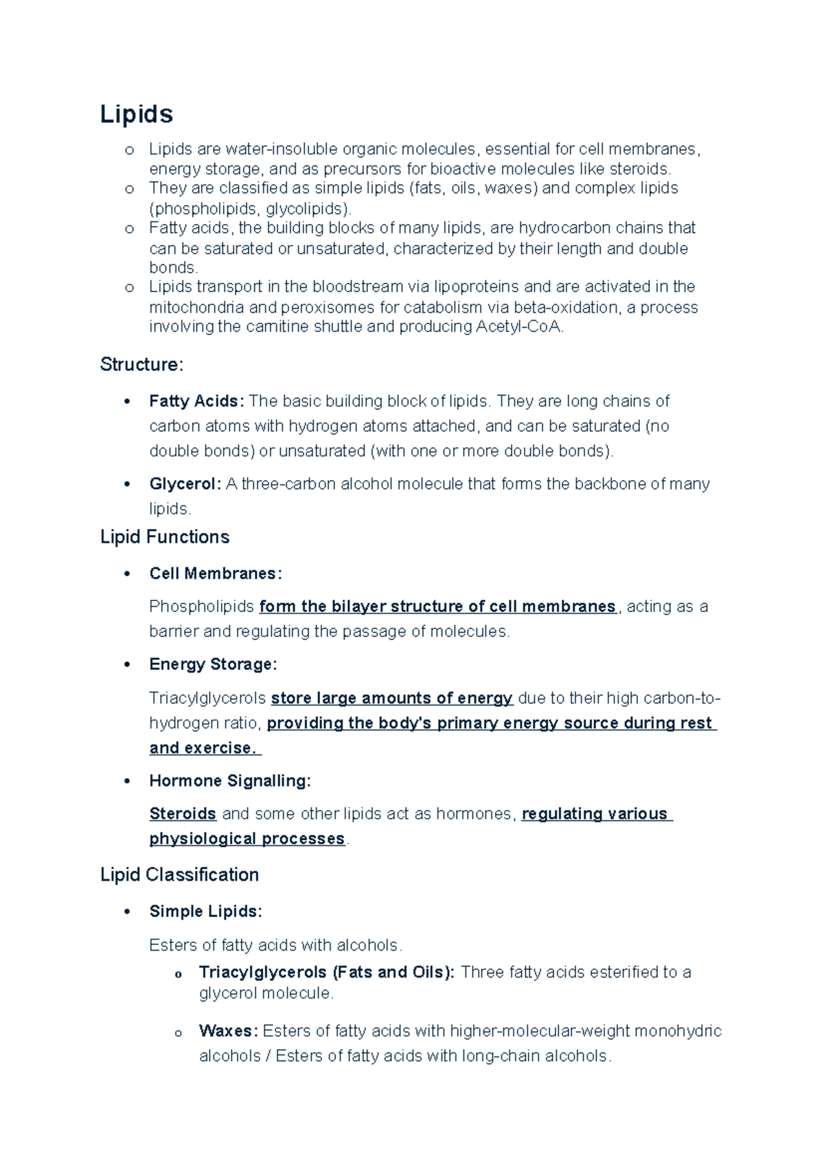 Lipids 2 - Comprehensive Notes on Structure and Function - Studocu