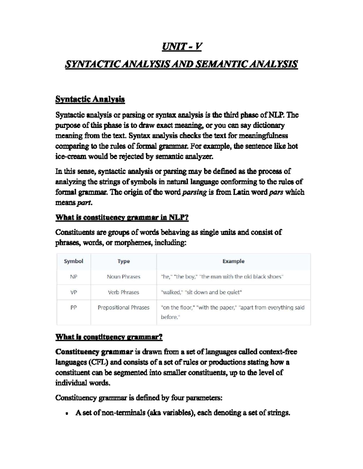 NLP UNIT5: Syntactic and Semantic Analysis Overview - Studocu