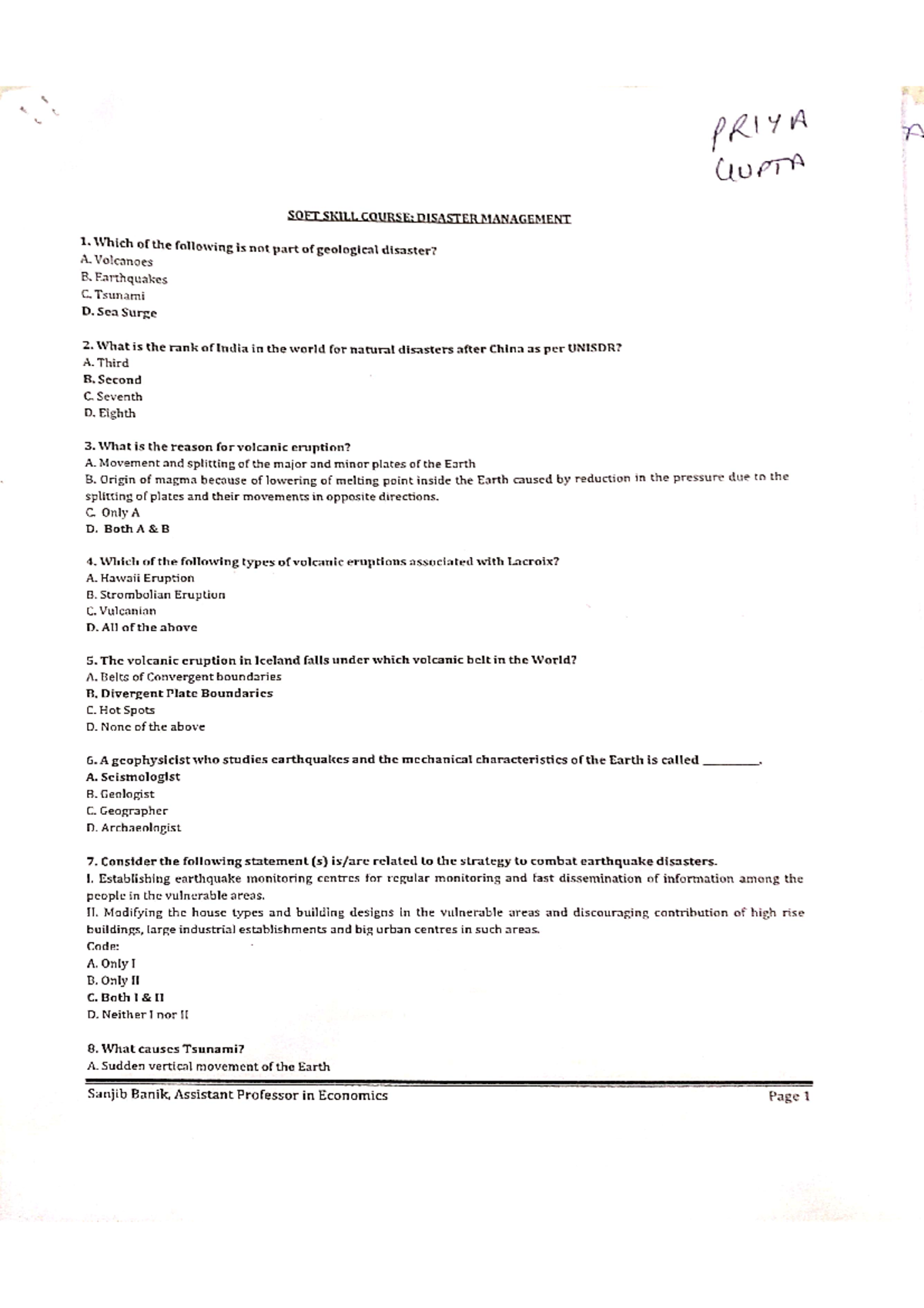 DM questions - PRIYA GUPTA SOFT SKILL COURSE: DISASTER MANAGEMENT 1 ...