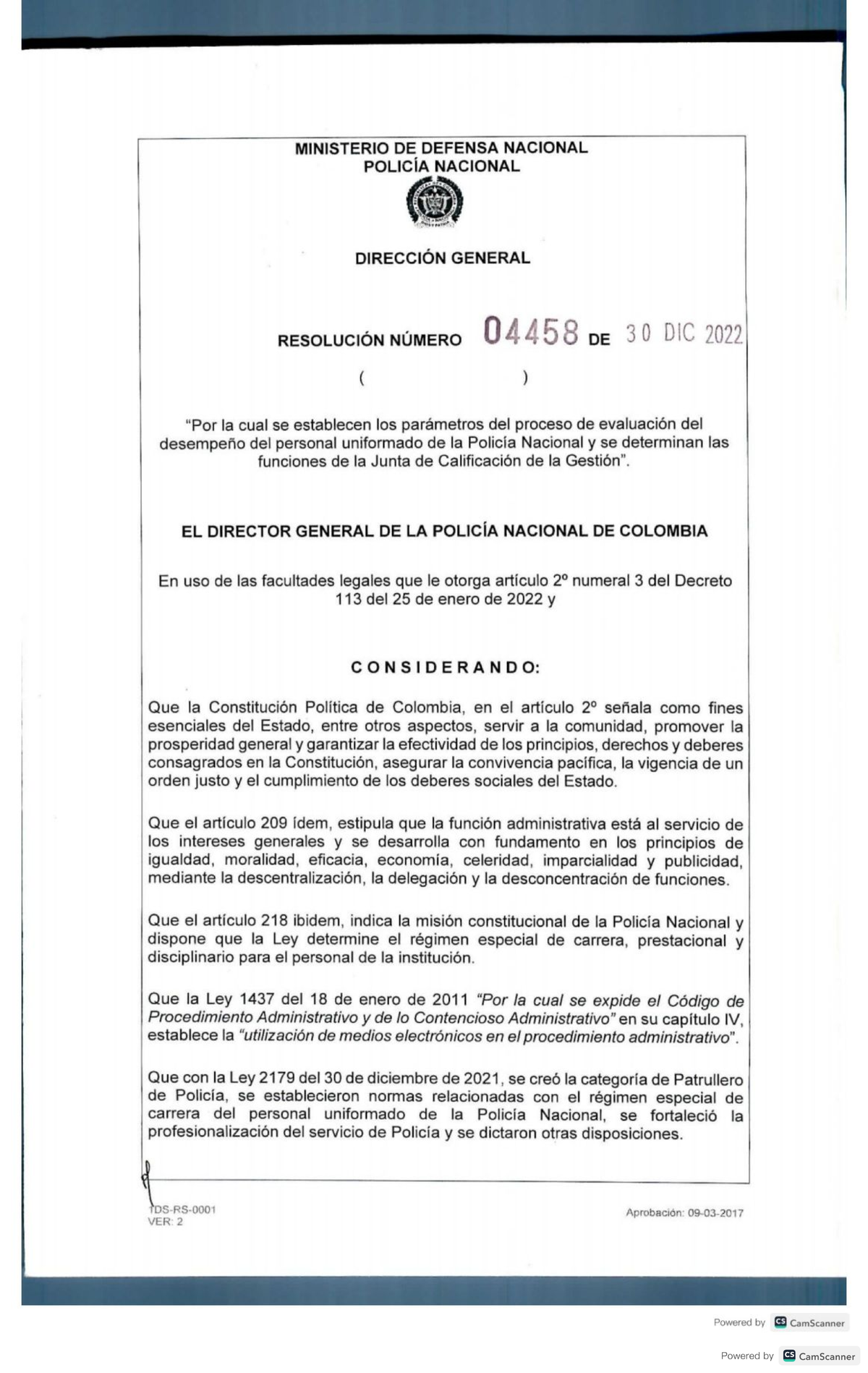 Resolución 04458 de 30 Dic 2022: Parámetros de Evaluación Ponal - Studocu