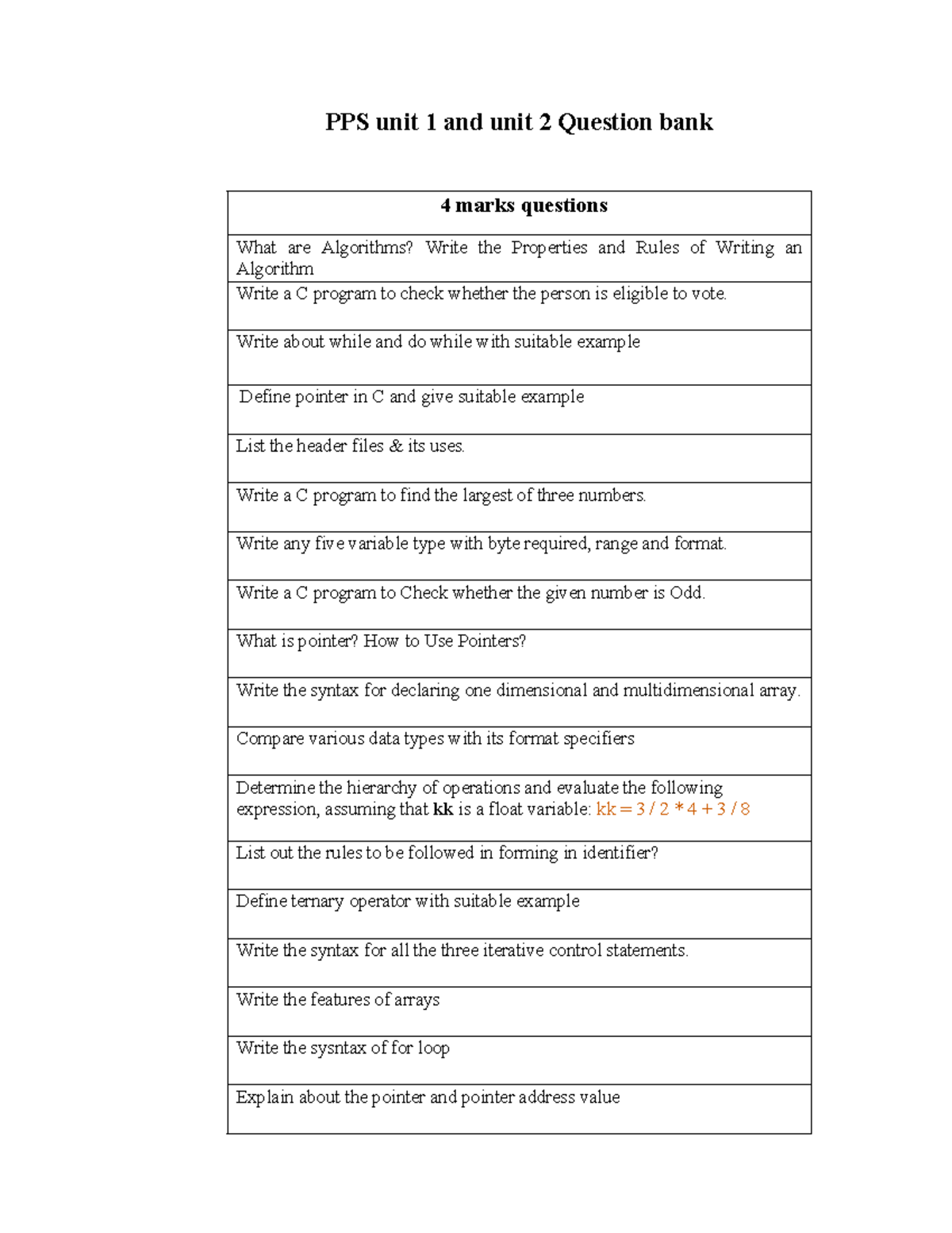 PPS Question Bank: Algorithms, Pointers, and C Programming Concepts ...