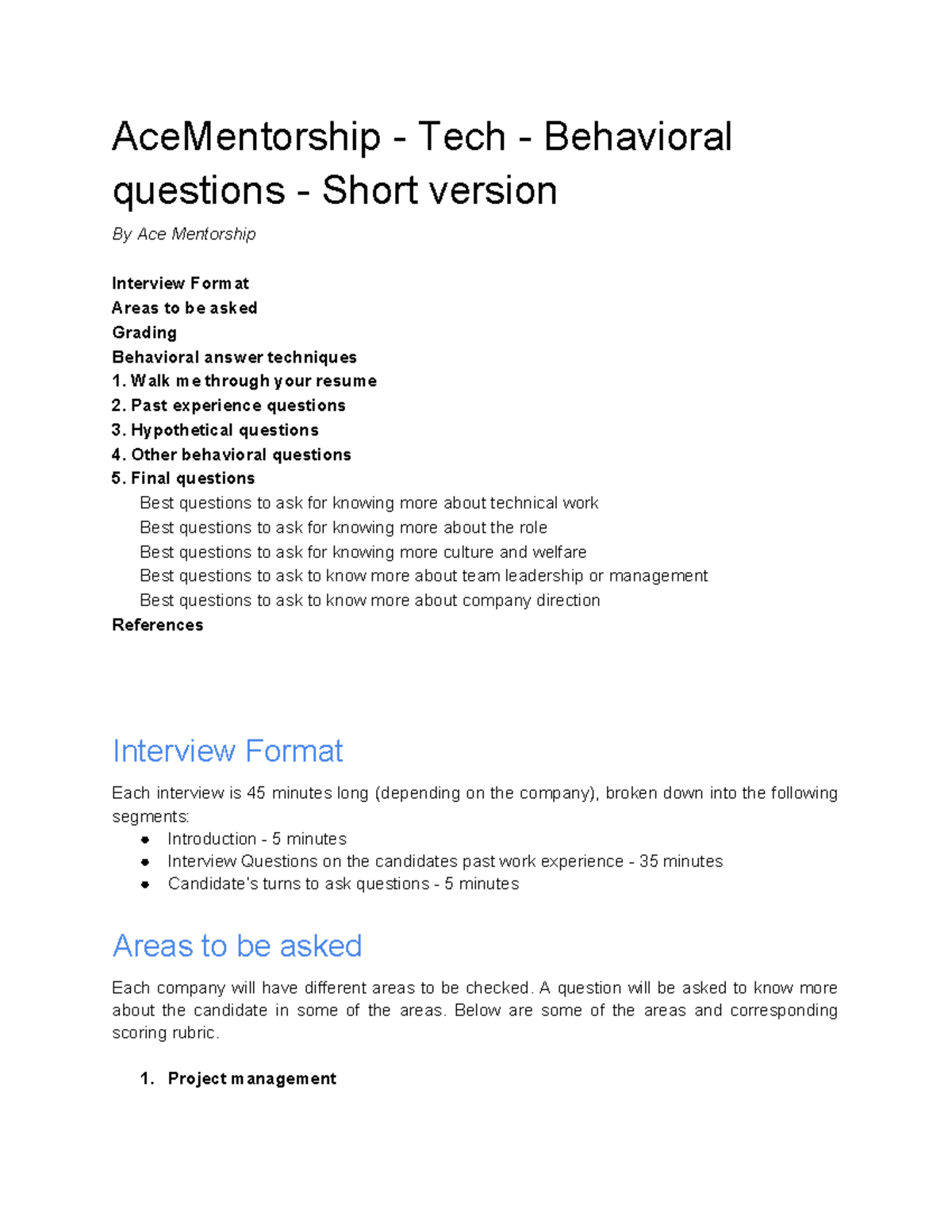 Ace Mentorship - Tech - Behavioral Interview Questions Guide (Short ...
