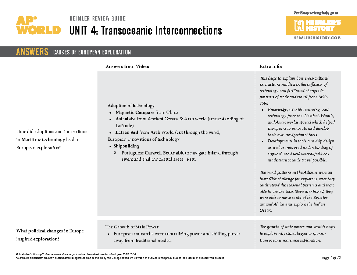 AP World HRG Unit 4 Noteguide: Causes & Effects of Exploration - Studocu