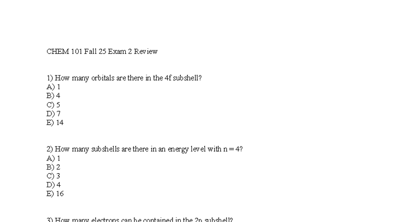 CHEM 101 Fall 25 Exam 2 Practice Questions and Answers - Studocu