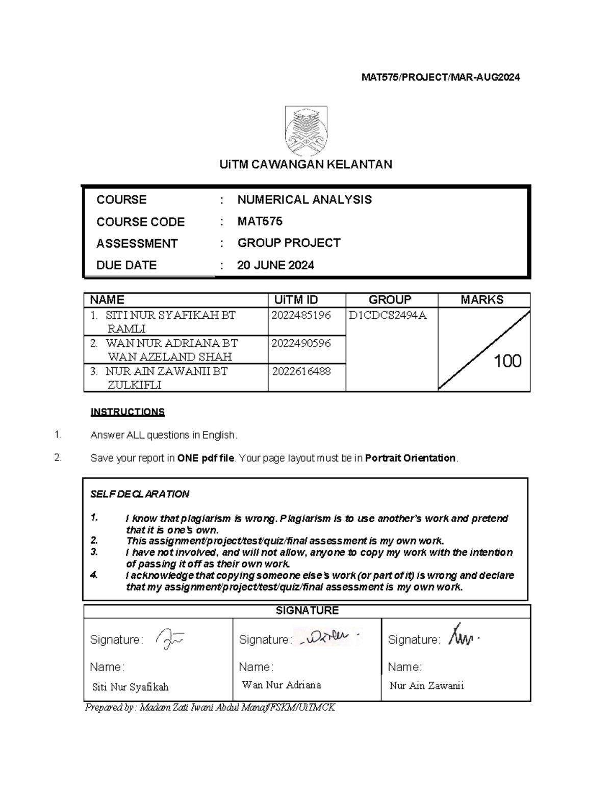 Group Project on Numerical Analysis MAT575 - Due June 20, 2024 - Studocu