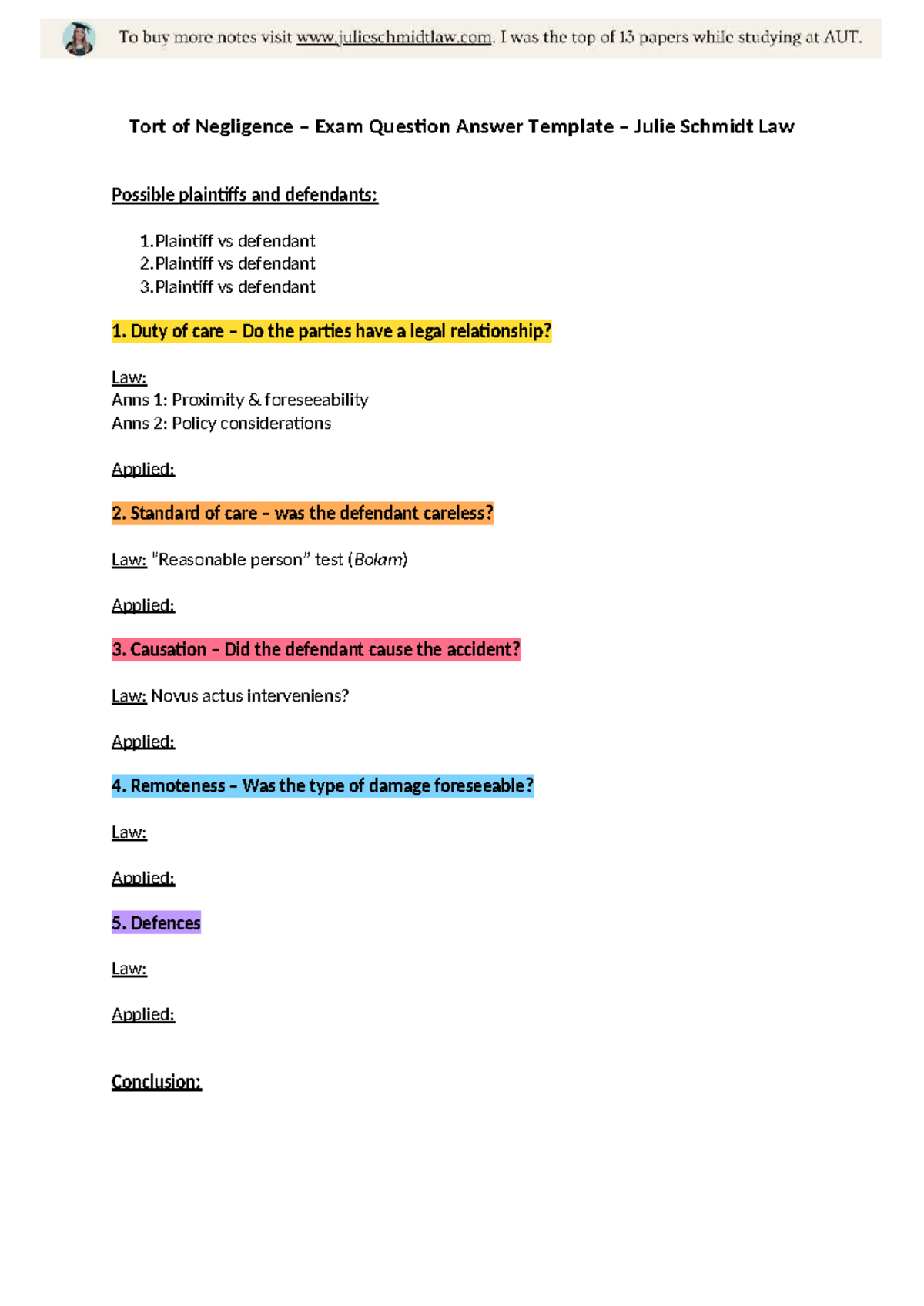 Tort of Negligence Answer Template - Tort of Negligence – Exam Question ...