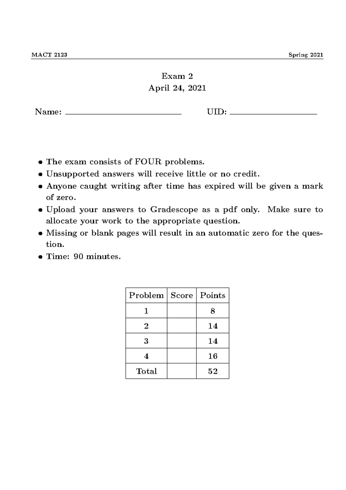MACT 2123 Spring 2021 Exam 2 Details and Problem Breakdown - Studocu