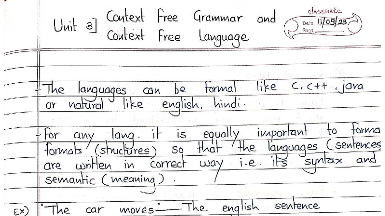 Context-Free Grammar and Language (M 1) - Handwritten Notes - Studocu