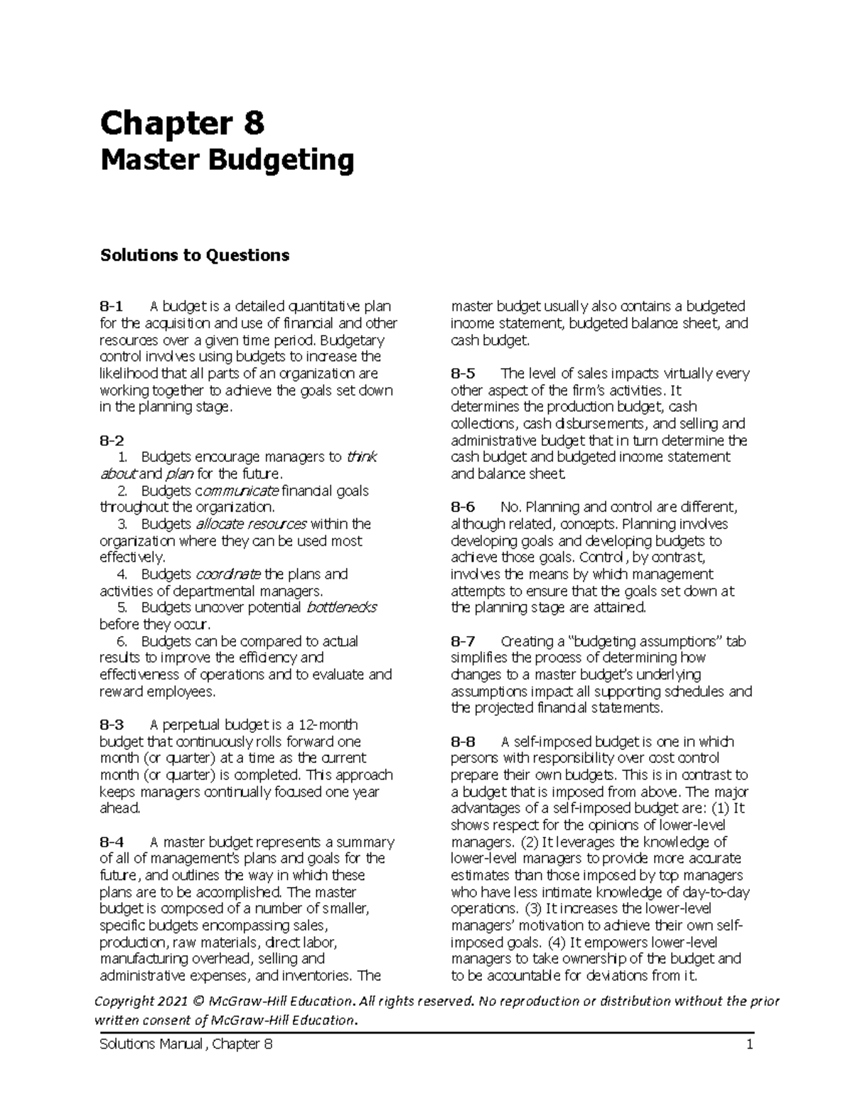 Master Budgeting Solutions - Chapter 8 - Managerial Accounting - Studocu