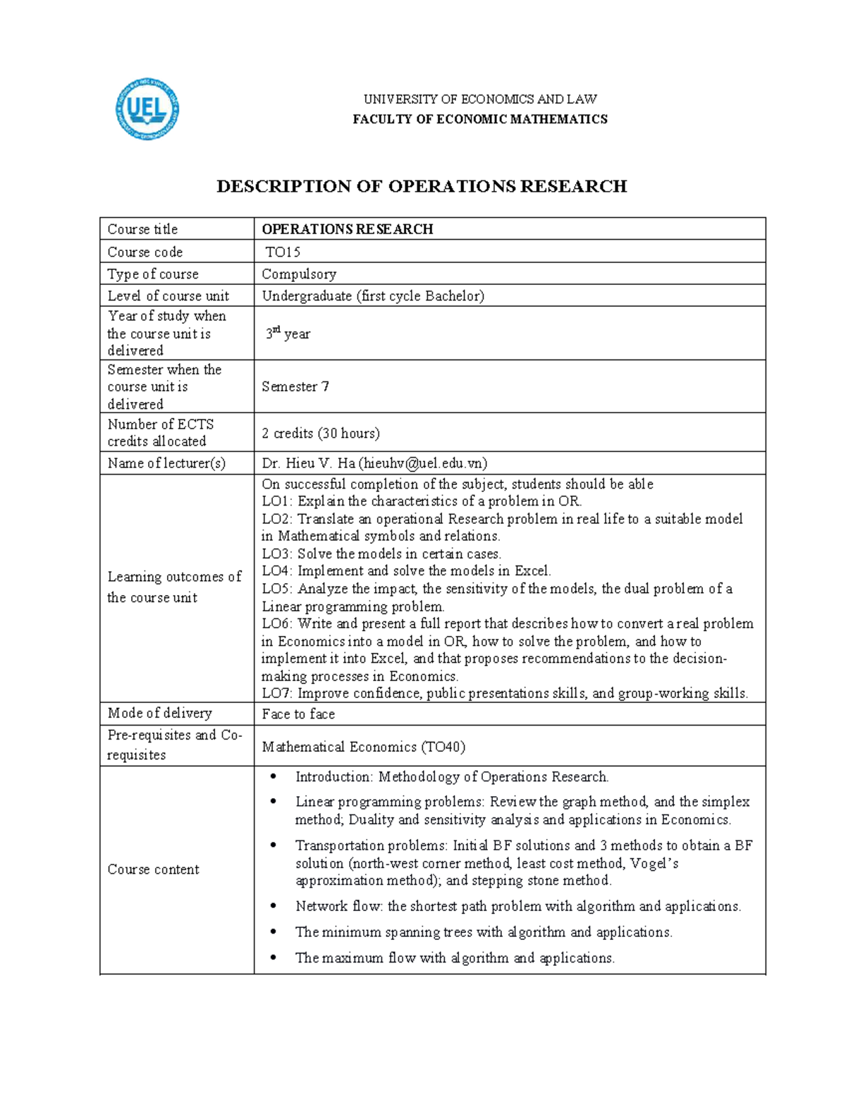 Operations Research TO15: Course Overview and Learning Outcomes - Studocu