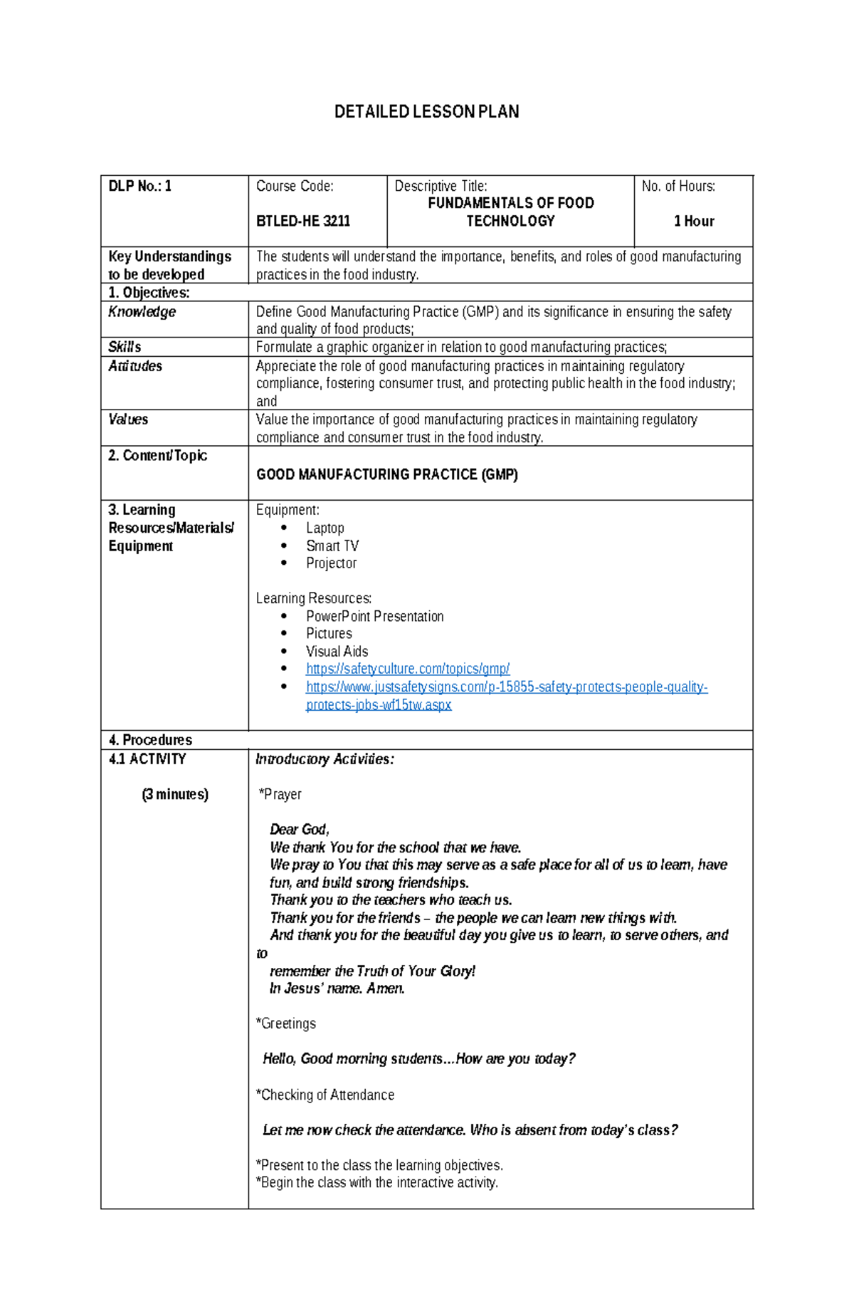 BTLED-HE 3211: Lesson Plan on Good Manufacturing Practices in Food Tech ...
