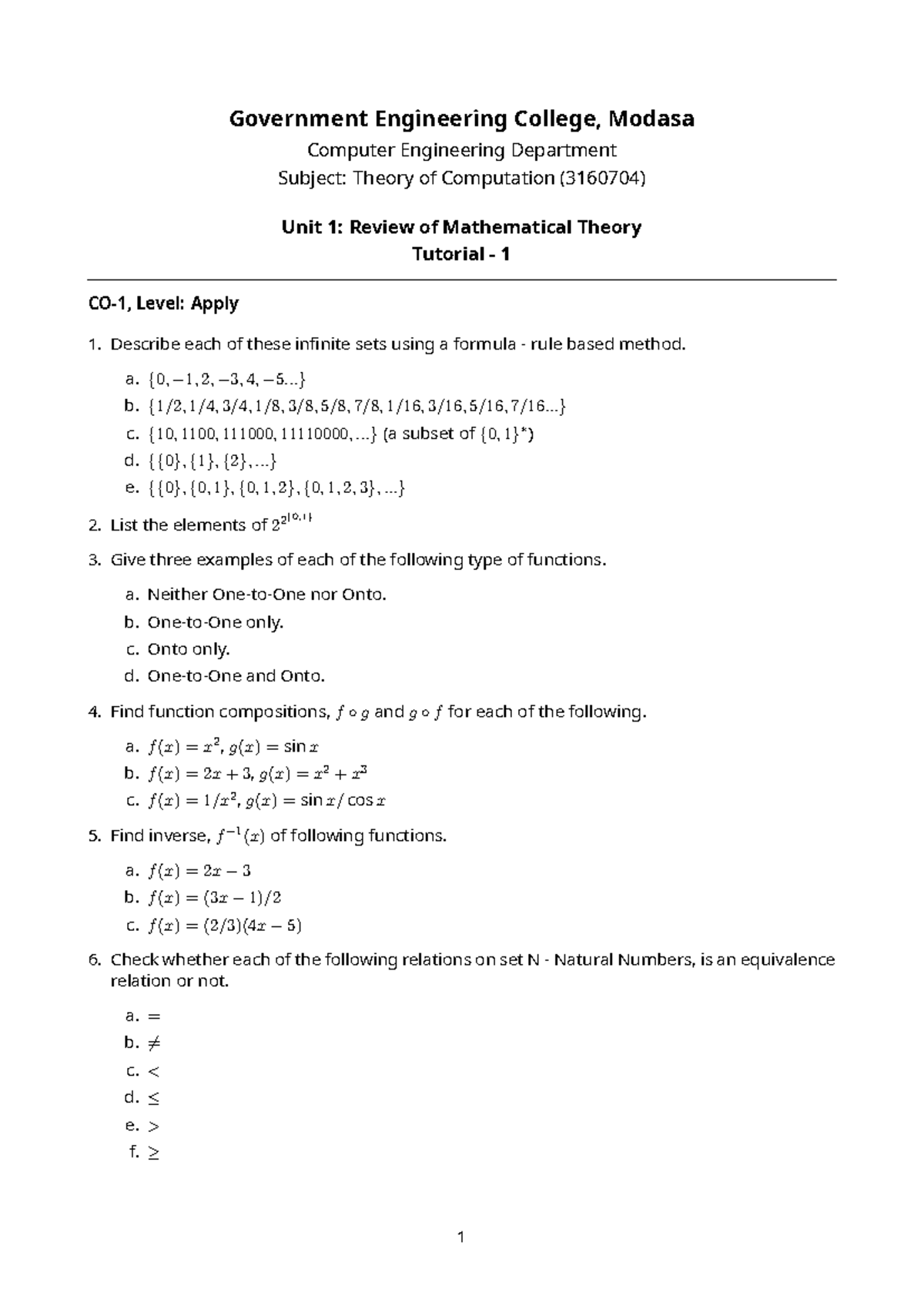 TOC (3160704) Unit 1: Mathematical Theory Review Tutorial 1 - Studocu