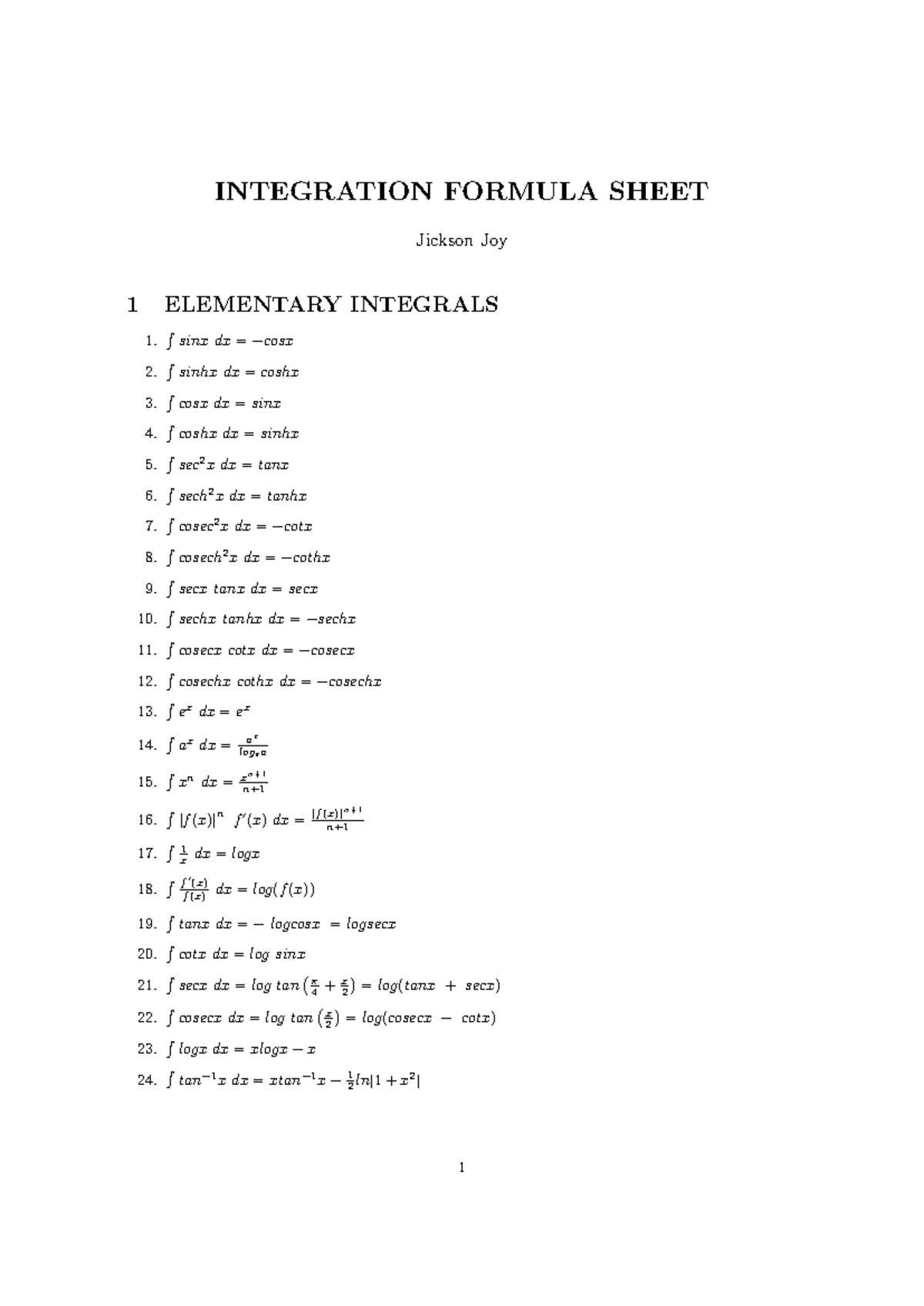 Integration Formulas Sheet for Advanced Calculus (MATH 201) - Studocu