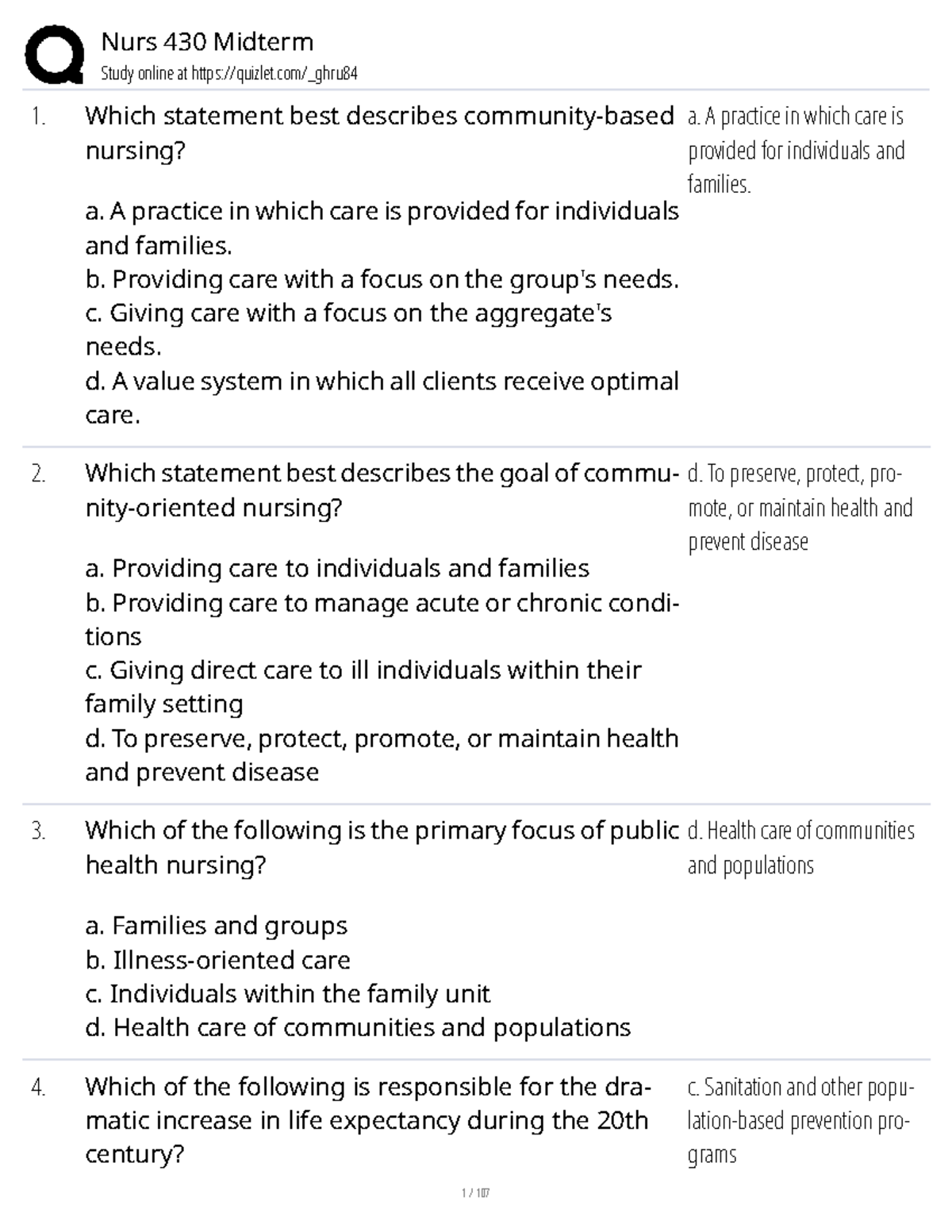 Nurs 430 Midterm Study Guide: Key Concepts and Practice Questions - Studocu
