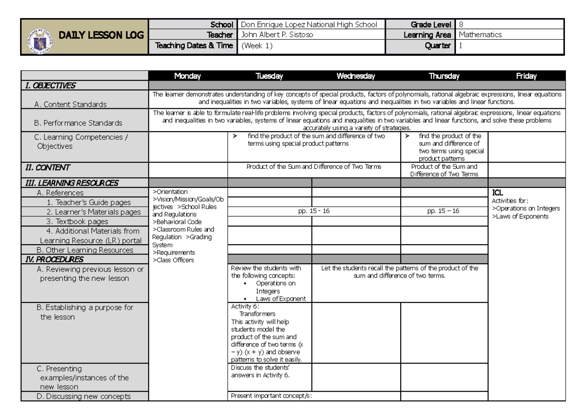 Grade 8 Mathematics Daily Lesson Log Week 1 Q1 - Studocu