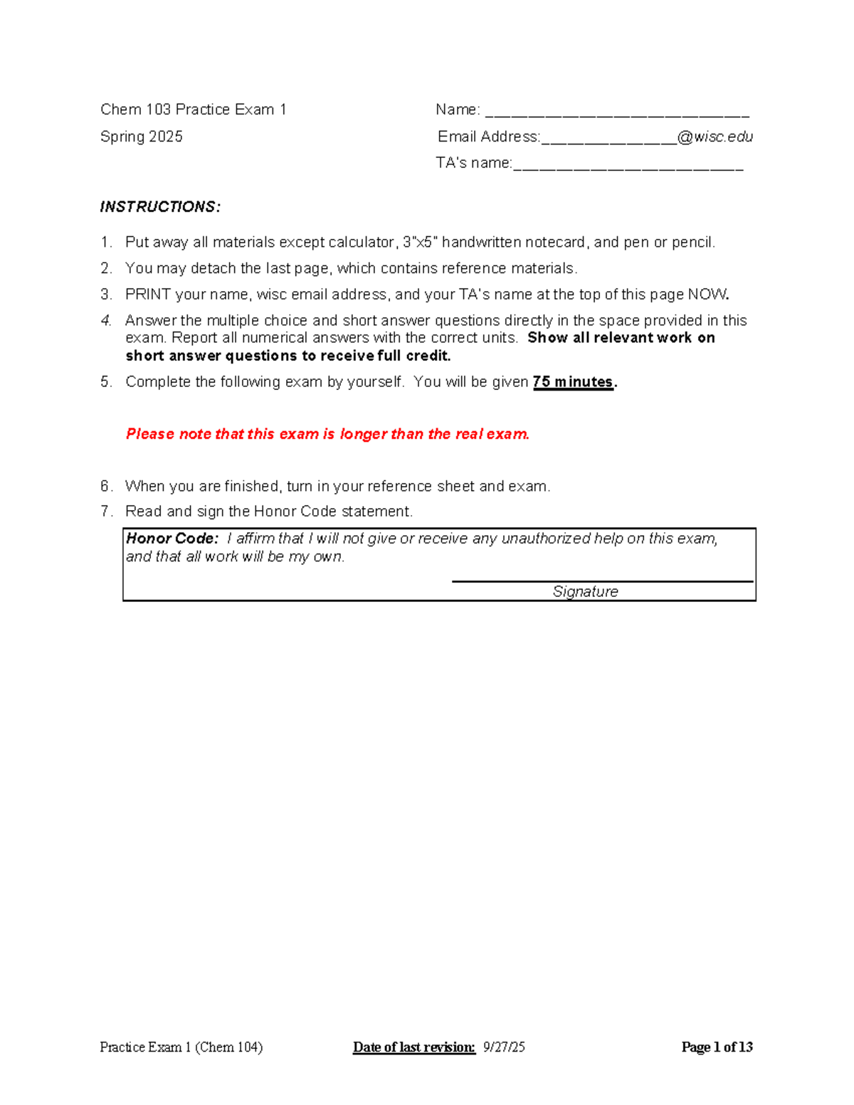 Chem 104 Practice Exam 1: Key Concepts and Solutions - Studocu